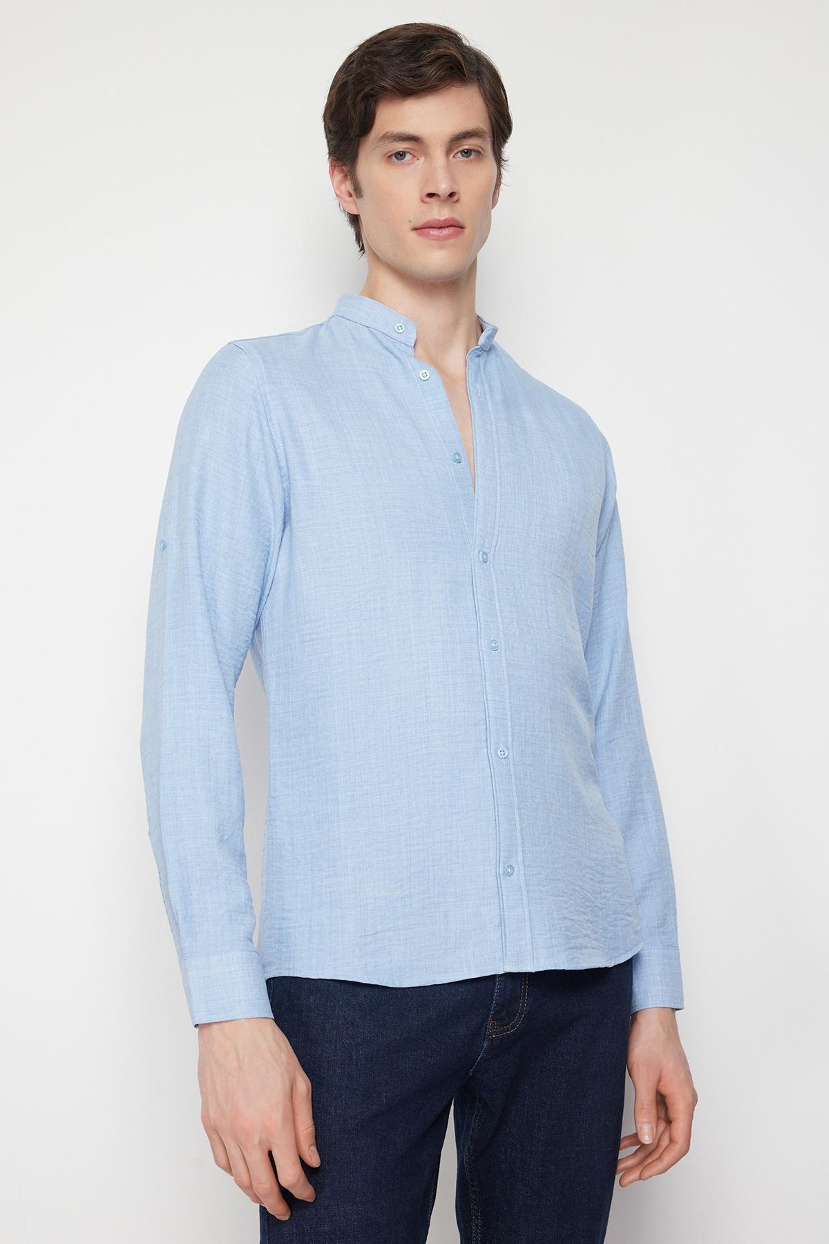 Blue Slim Fit Large Collar Casual Shirt, Blue, large image number 0