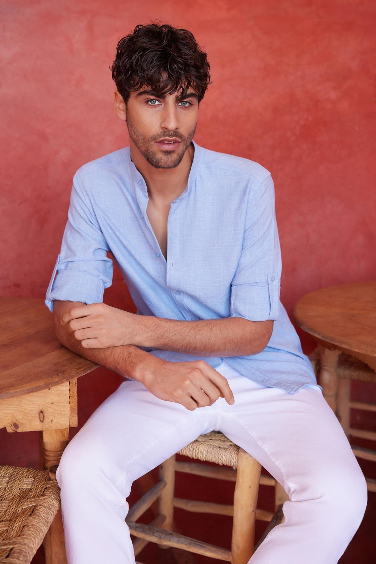Blue Slim Fit Large Collar Casual Shirt, Blue, large image number 3