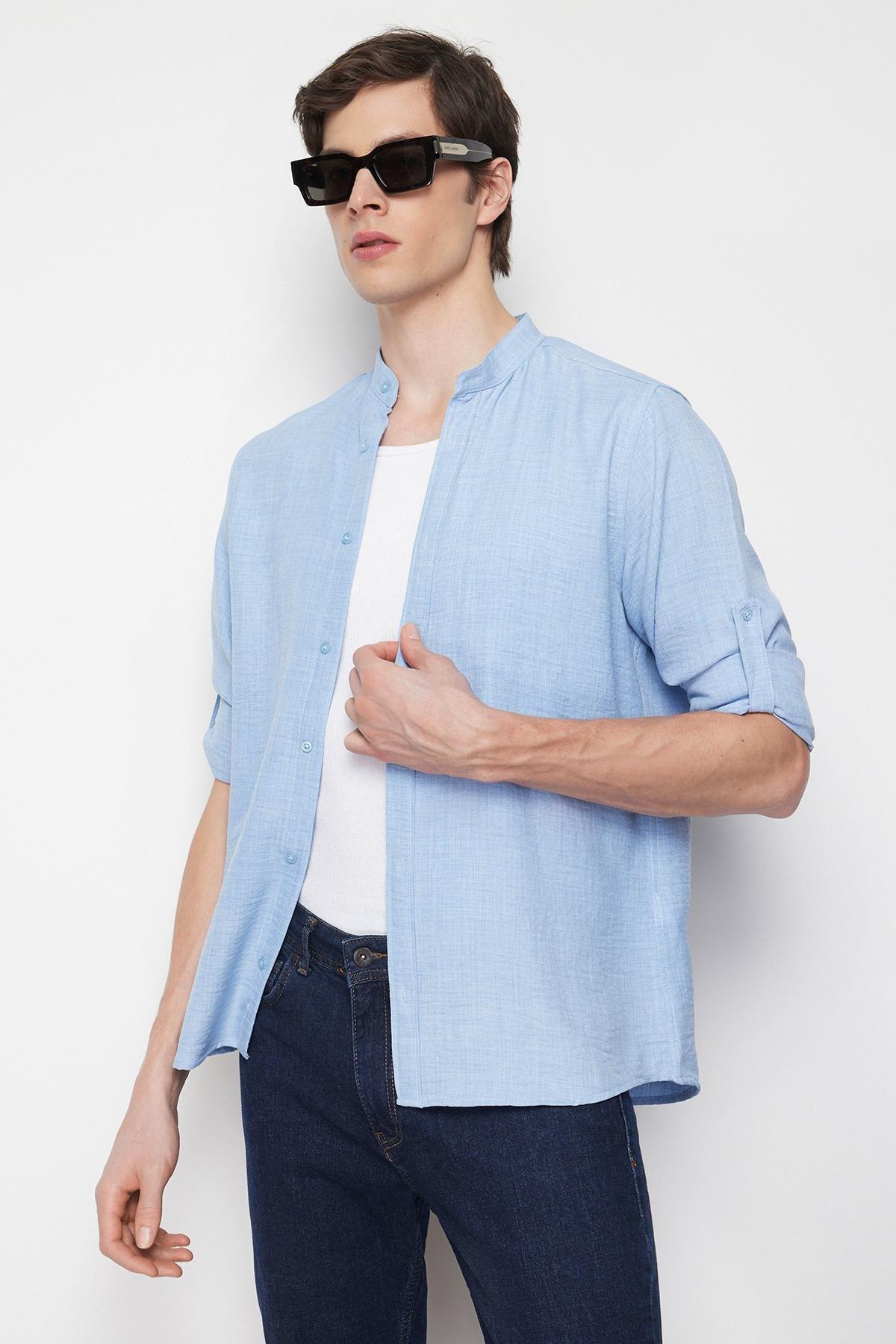 Blue Slim Fit Large Collar Casual Shirt, Blue, large image number 4