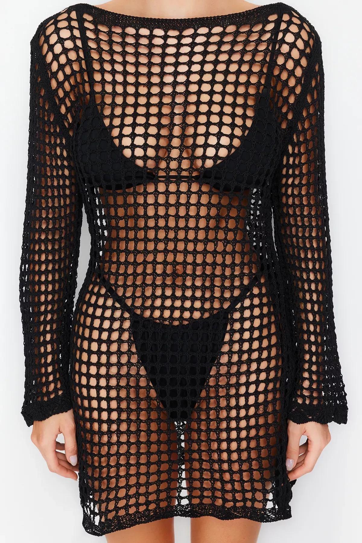Black Mini Knitwear Beach Dress, , large image number 4