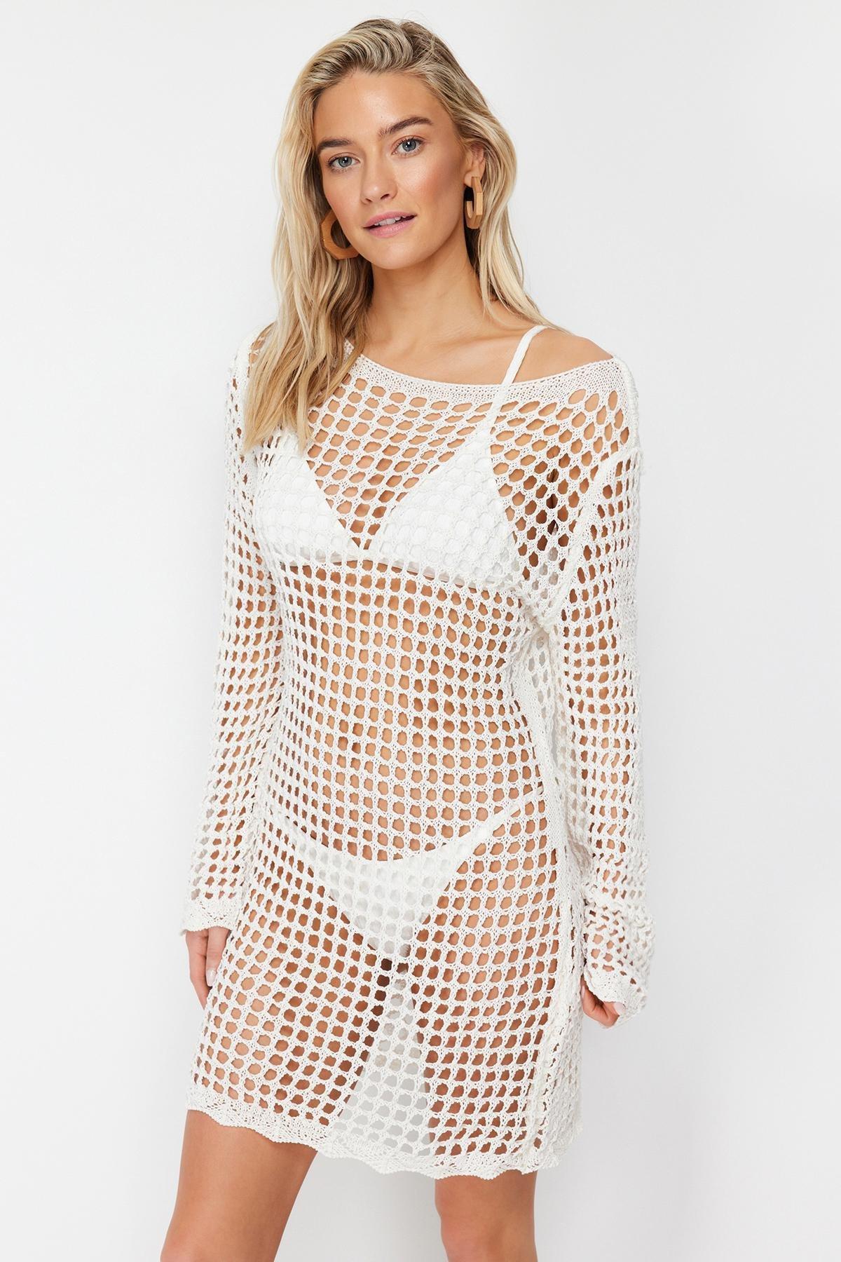 Ecru Mini Knitwear Look Beach Dress, , large image number 1