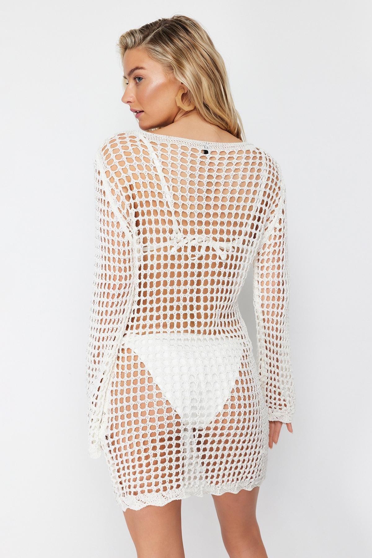 Ecru Mini Knitwear Look Beach Dress, , large image number 3