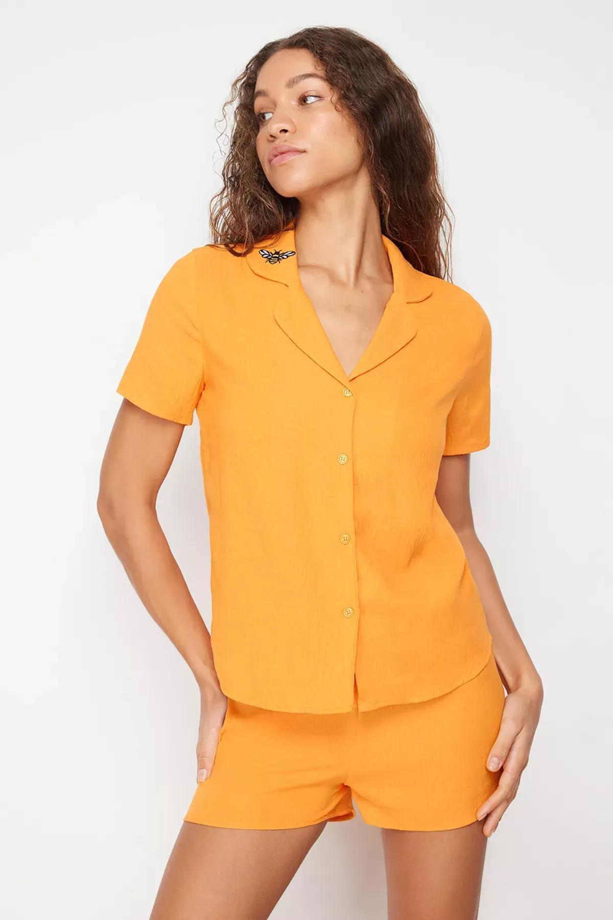 Yellow Embroidered Woven Pyjamas Set, , large image number 1