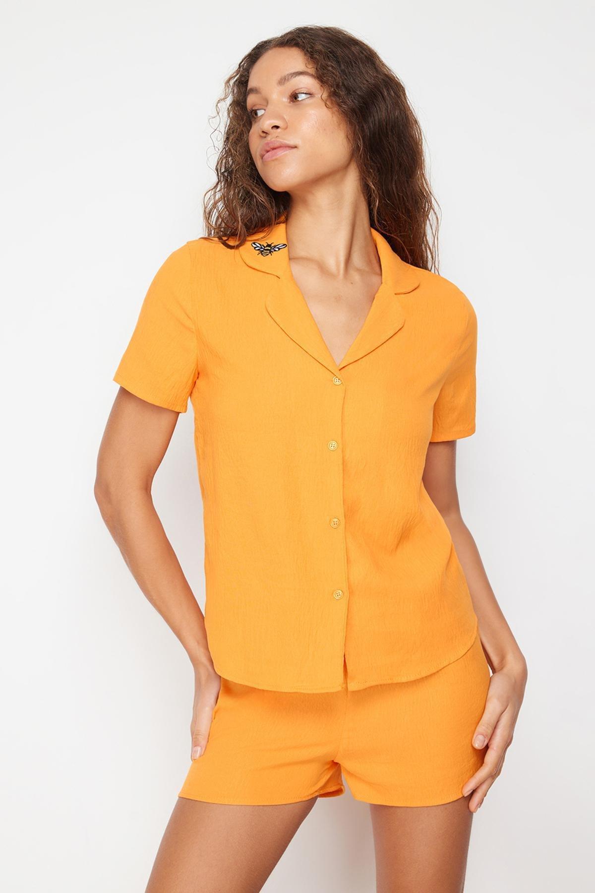 Yellow Embroidered Woven Pyjamas Set, , large image number 1