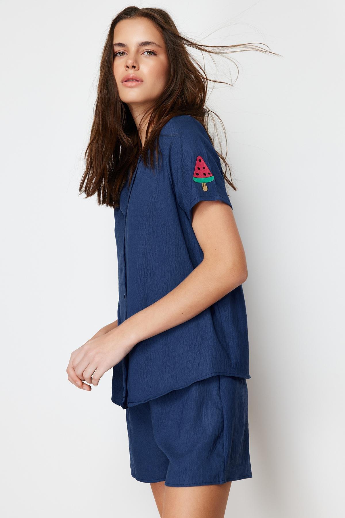 Navy Embroidered Woven Pyjamas Set, , large image number 0