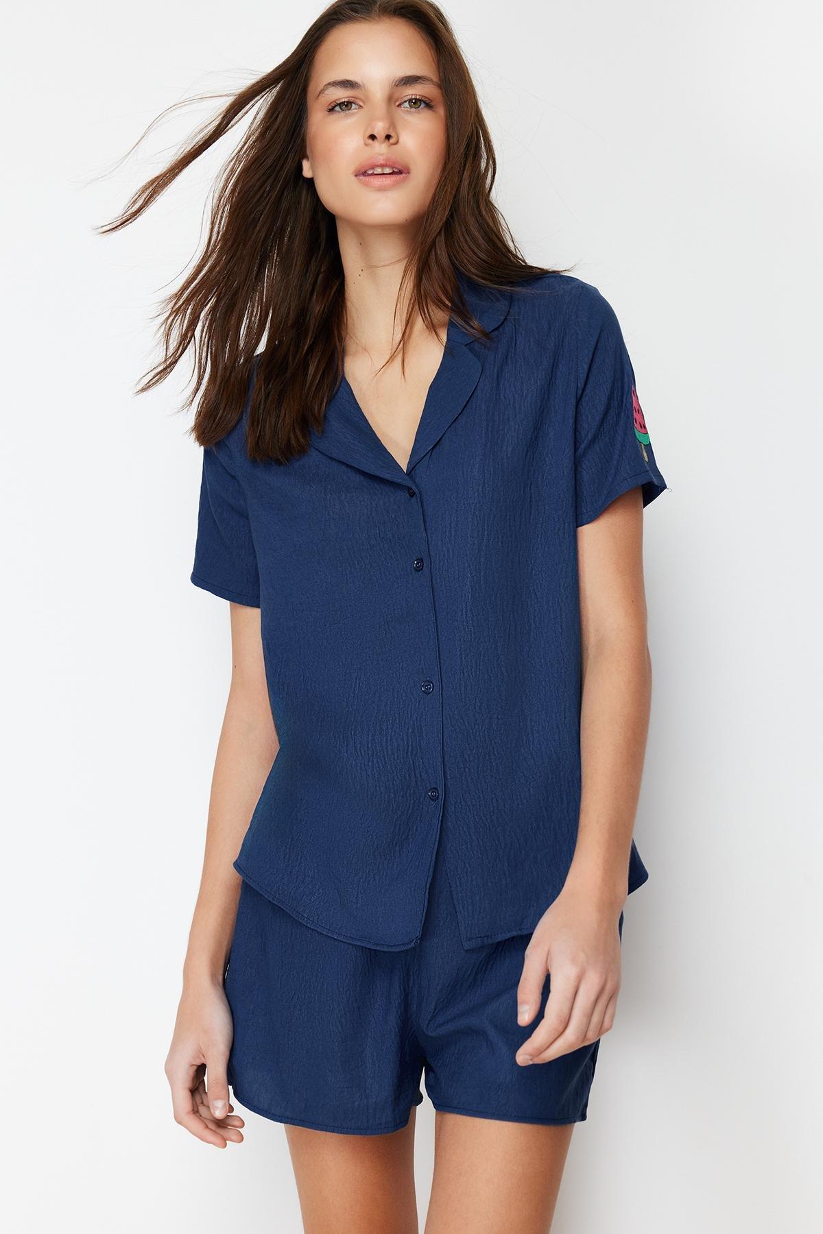Navy Embroidered Woven Pyjamas Set, , large image number 1