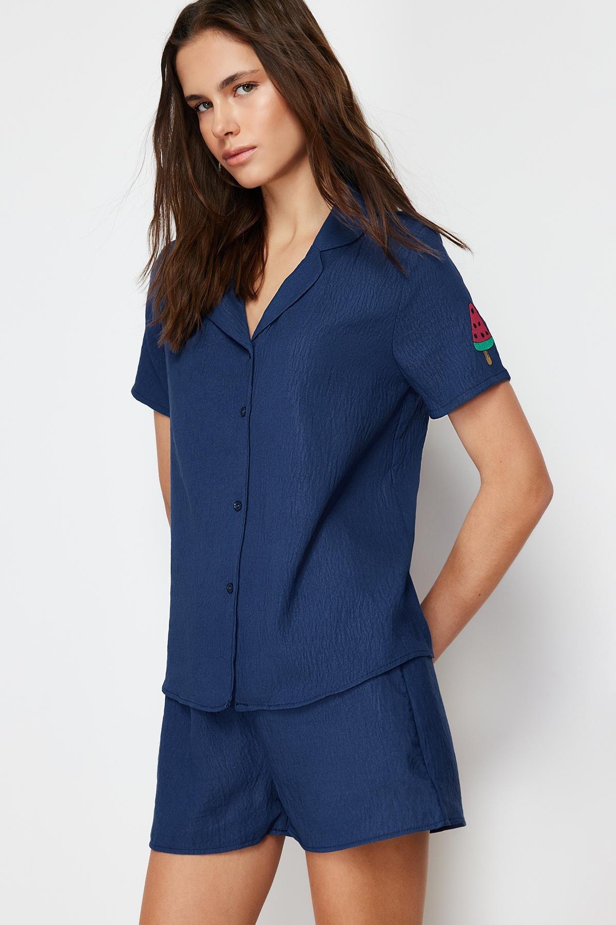Navy Embroidered Woven Pyjamas Set, , large image number 3