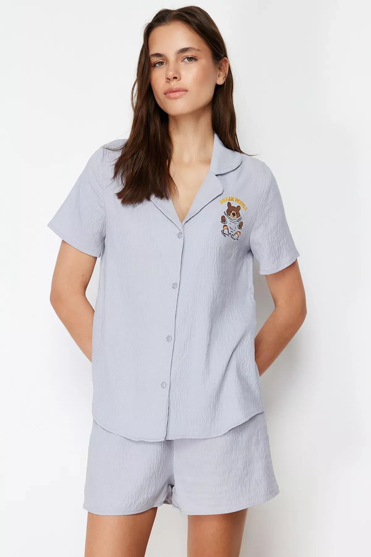 Grey Embroidered Woven Pyjamas Set, C101_1653, large image number 1