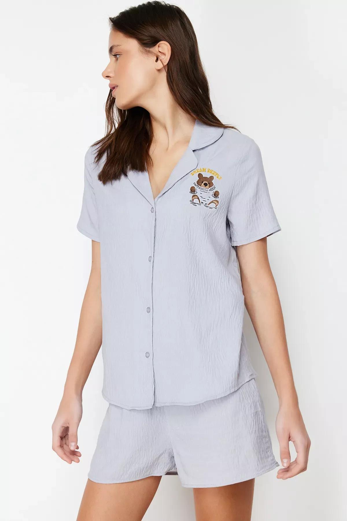 Grey Embroidered Woven Pyjamas Set, C101_1653, large image number 2