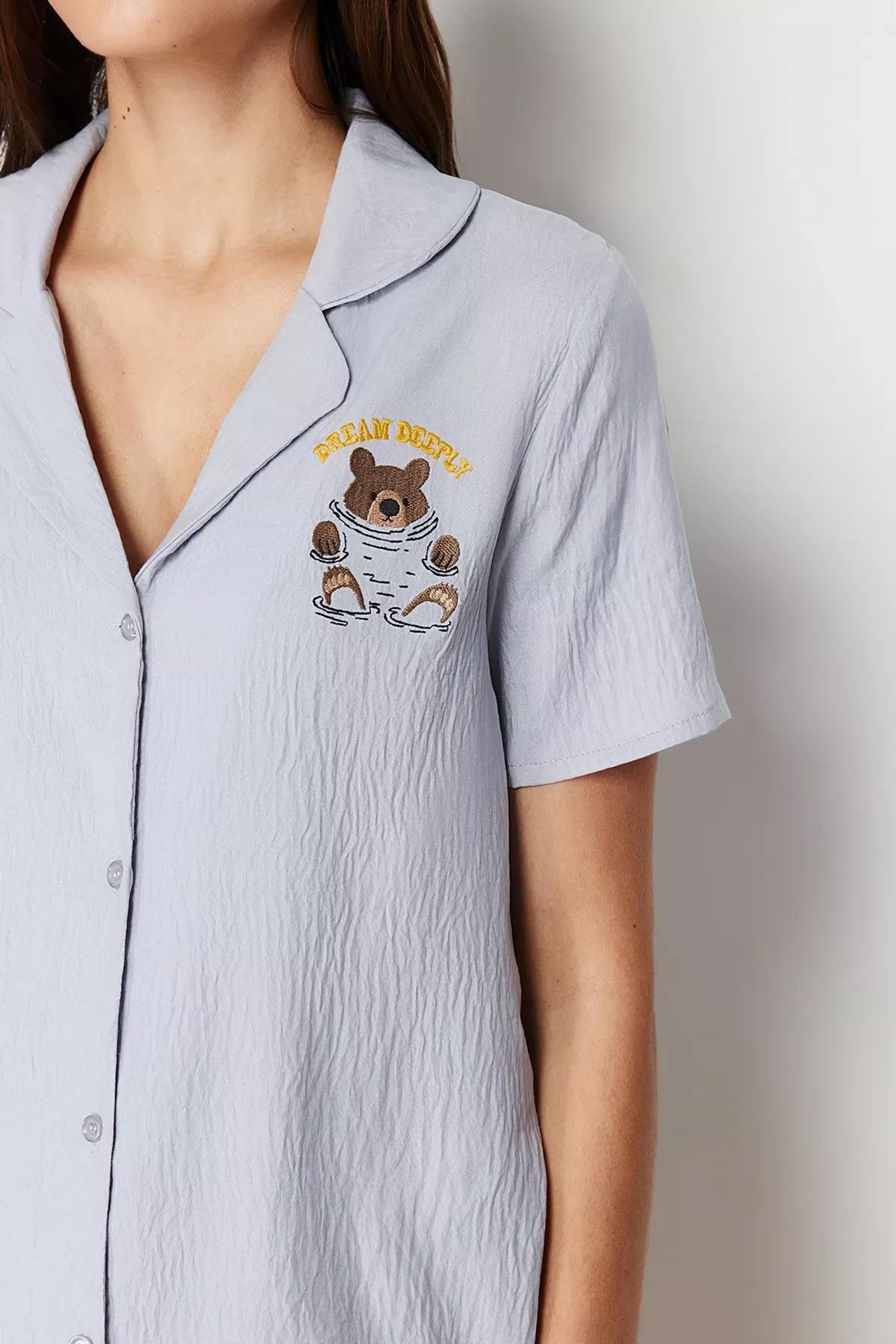 Grey Embroidered Woven Pyjamas Set, C101_1653, large image number 3