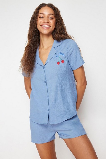 Trendyol - Blue Cherry Embroidered Woven Pajamas Set