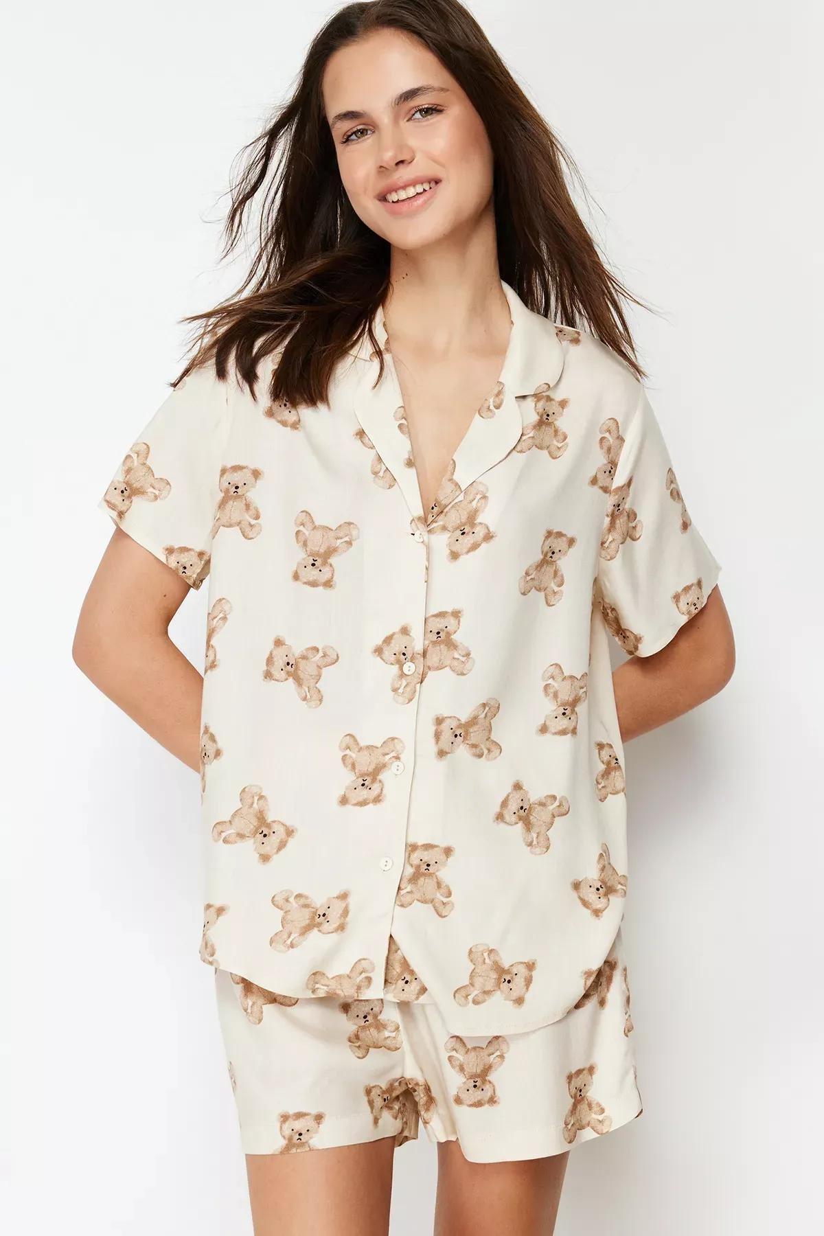 Beige Patterned Viscose Woven Pyjamas Set, Beige, large image number 1