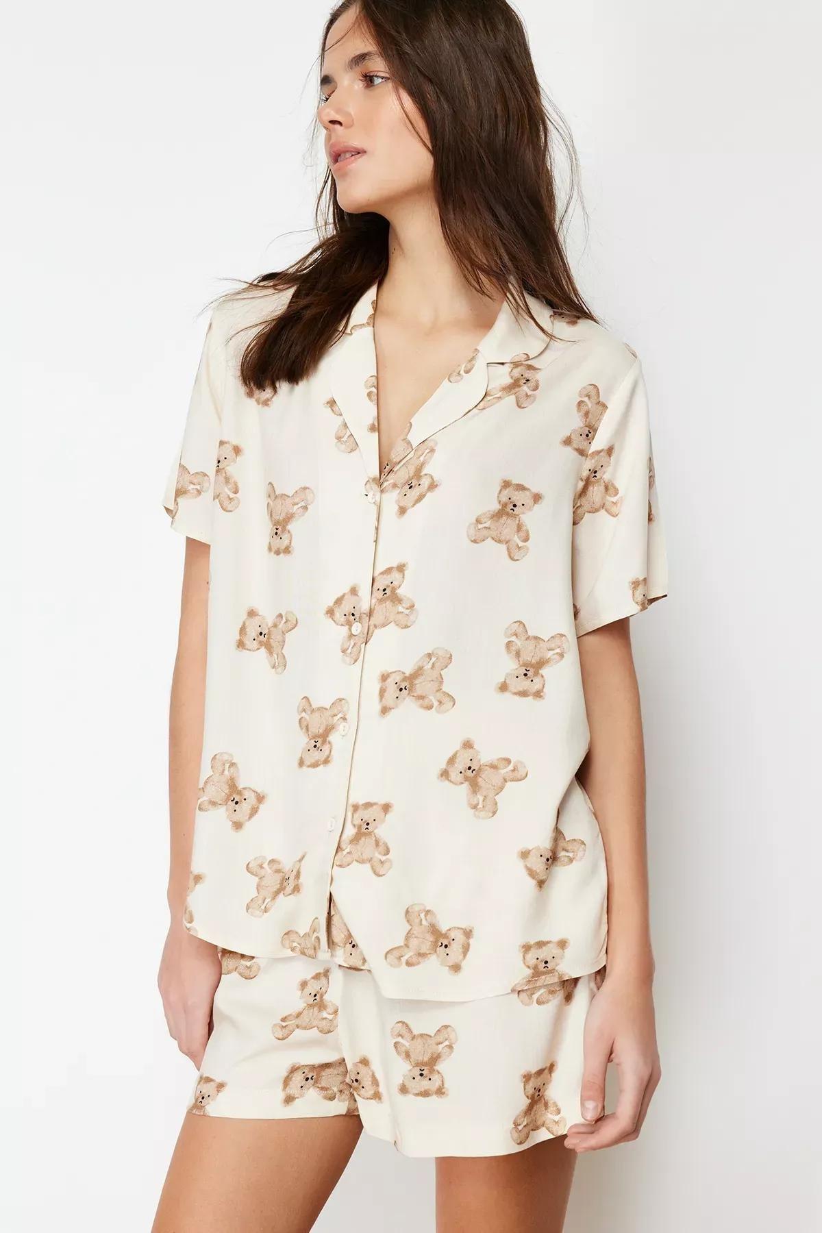 Beige Patterned Viscose Woven Pyjamas Set, Beige, large image number 2