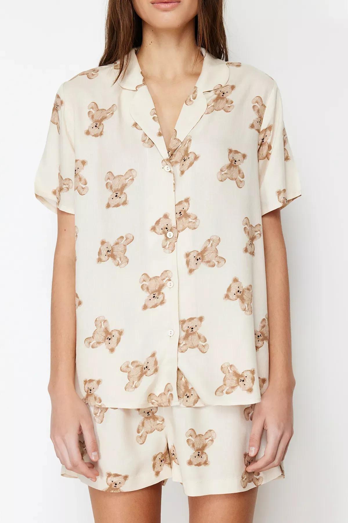 Beige Patterned Viscose Woven Pyjamas Set, Beige, large image number 3
