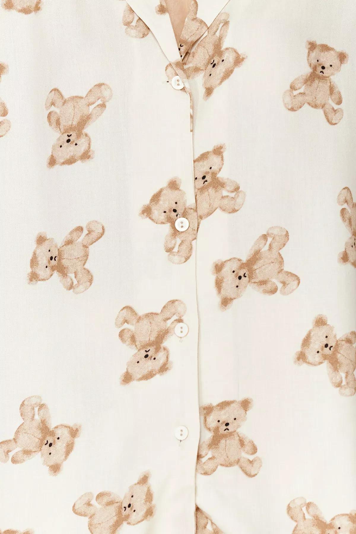 Beige Patterned Viscose Woven Pyjamas Set, Beige, large image number 4
