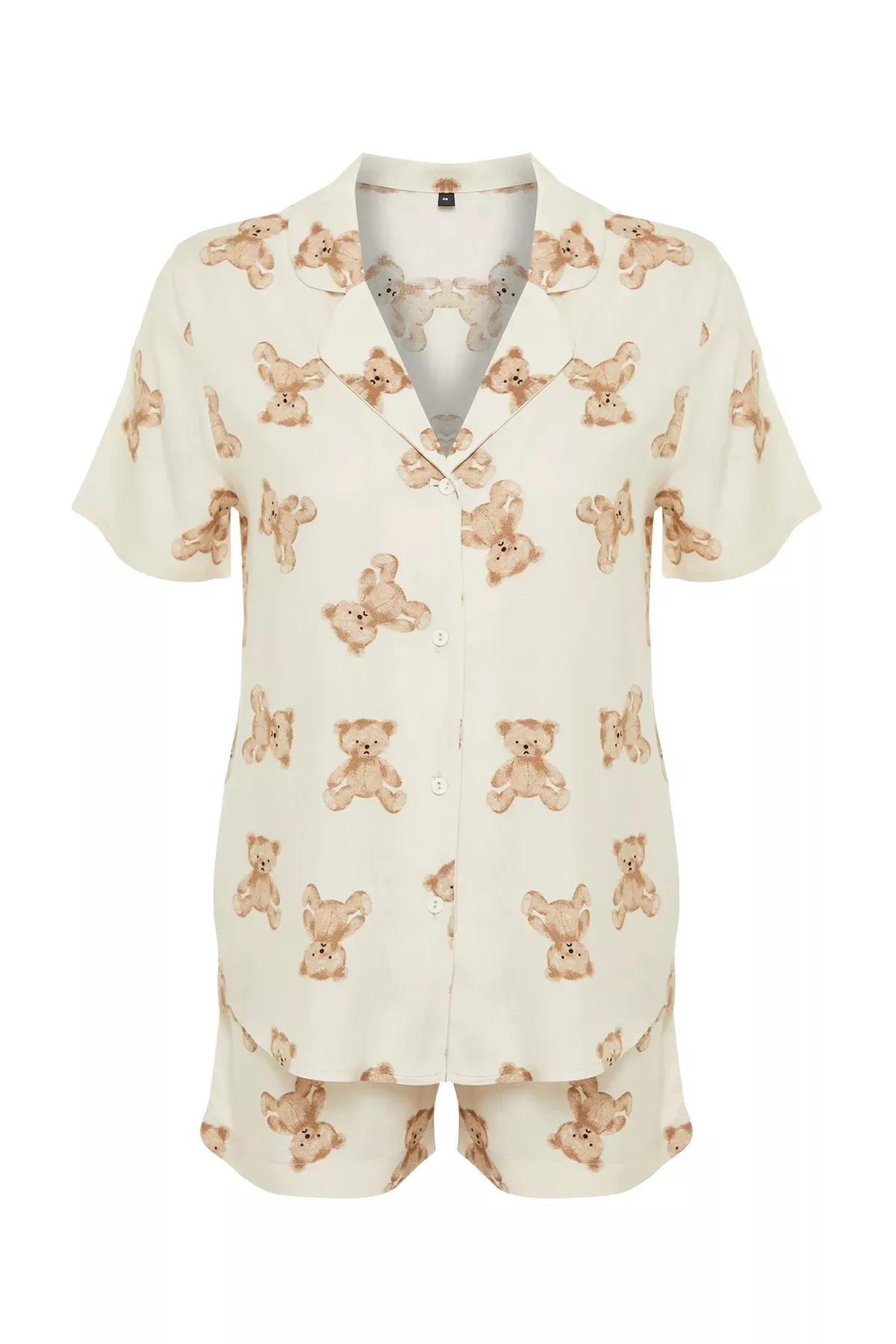 Beige Patterned Viscose Woven Pyjamas Set, Beige, large image number 5