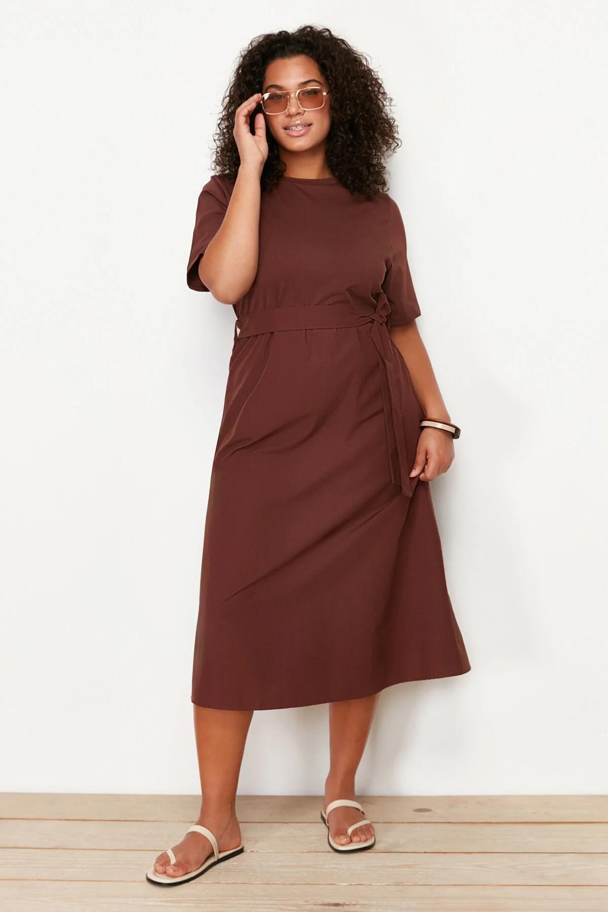 Brown A-Line Knitted Top and Woven Bottom Dress TBBSS24AH00020, , large image number 0