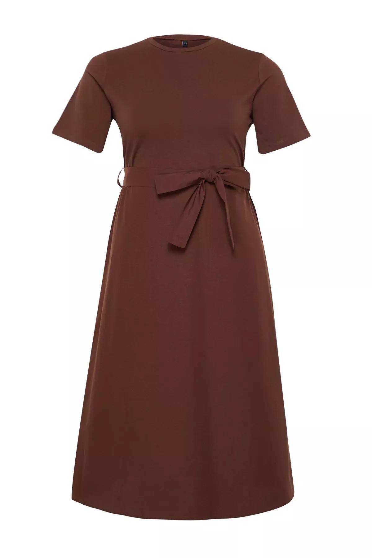 Brown A-Line Knitted Top Woven Dress, Brown, large image number 0