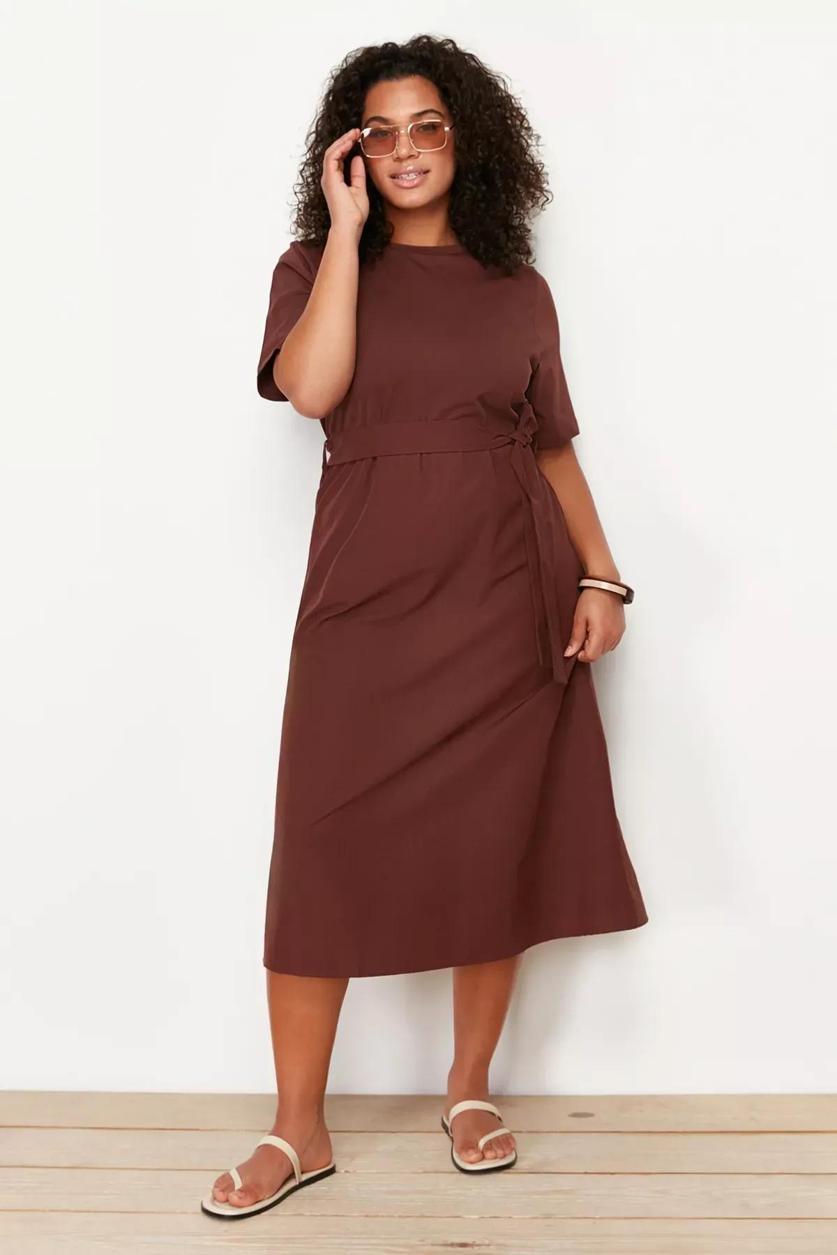 Brown A-Line Knitted Top Woven Dress, Brown, large image number 1