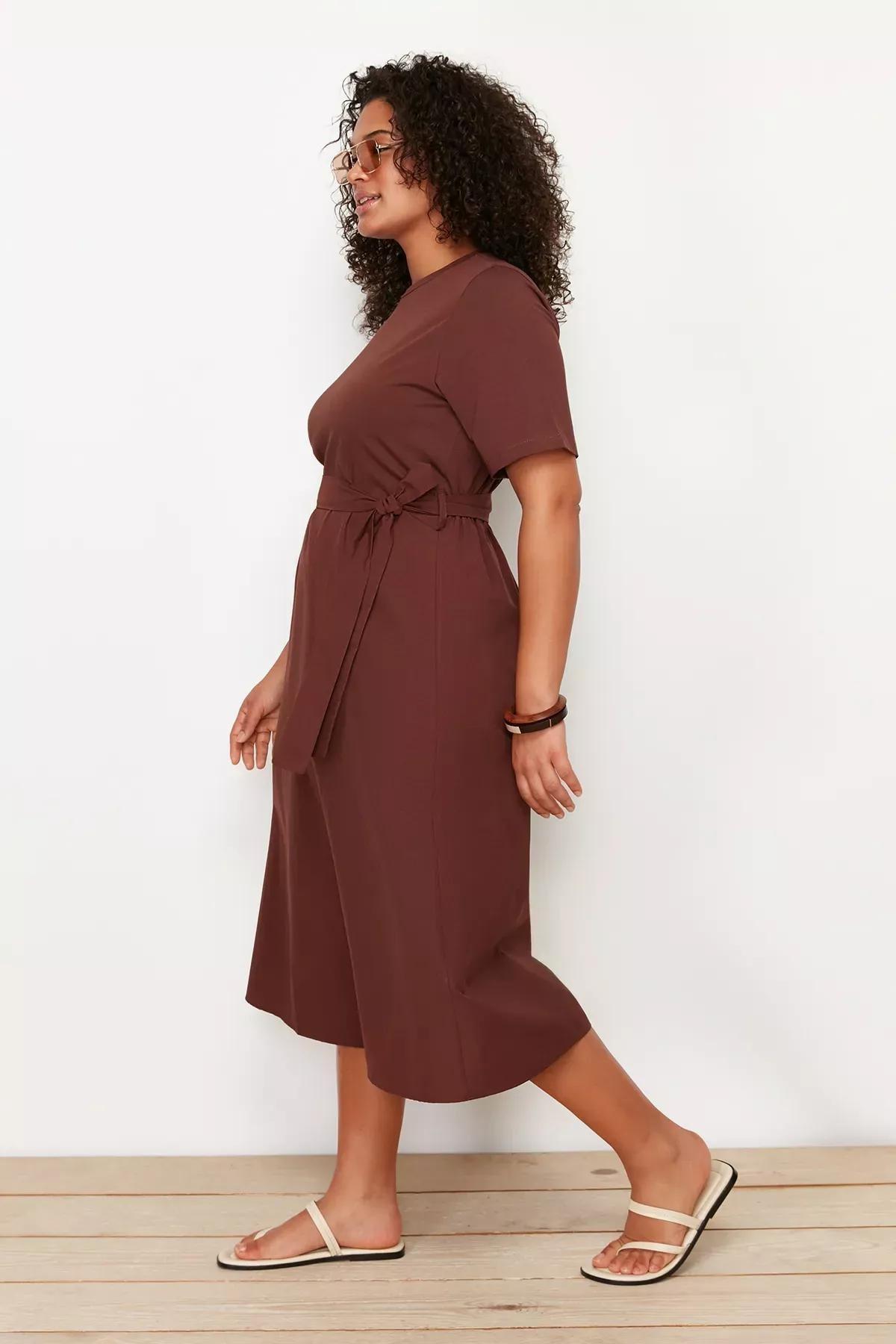 Brown A-Line Knitted Top Woven Dress, Brown, large image number 2