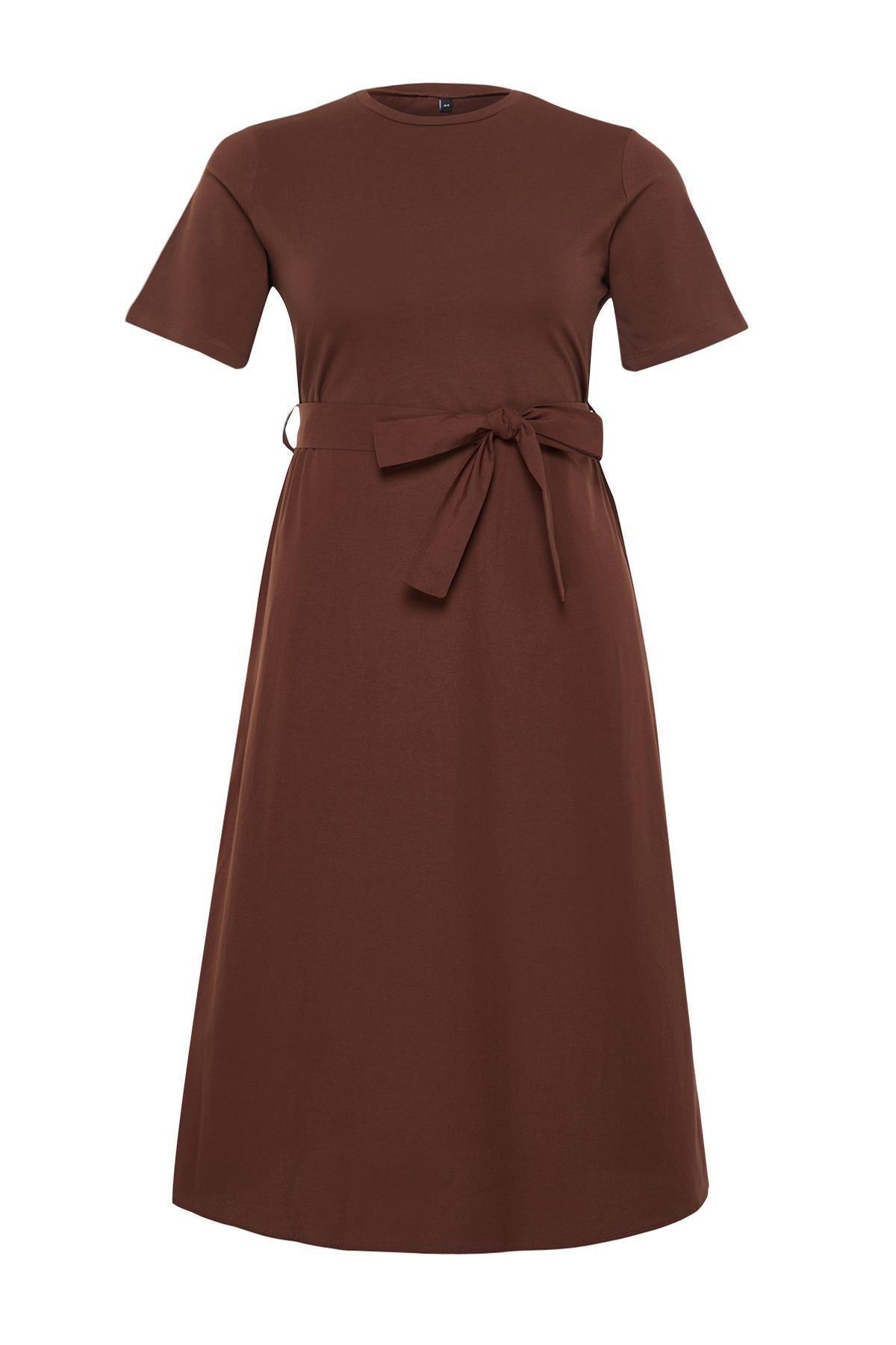 Brown A-Line Knitted Top and Woven Bottom Dress TBBSS24AH00020, , large image number 4