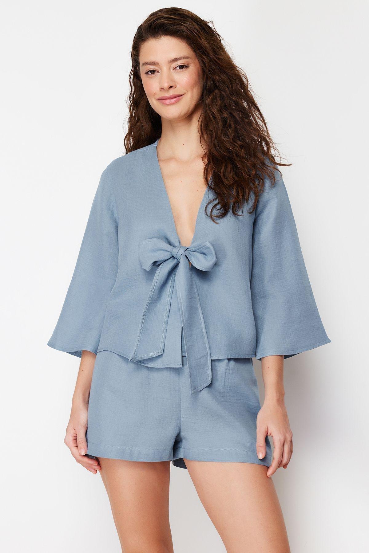 Blue 100% Cotton Tie/Ribbon/Bow Detailed Woven Pajama Set with Muslin Shorts THMSS24PT00077, 2 pcs, , large image number 0
