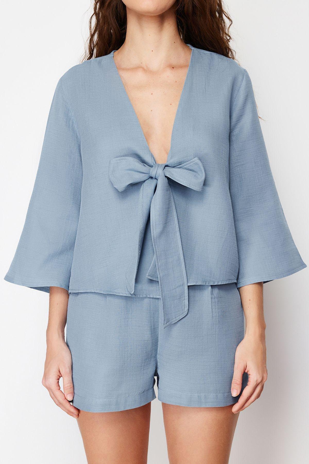 Blue 100% Cotton Tie/Ribbon/Bow Detailed Woven Pajama Set with Muslin Shorts THMSS24PT00077, 2 pcs, , large image number 3