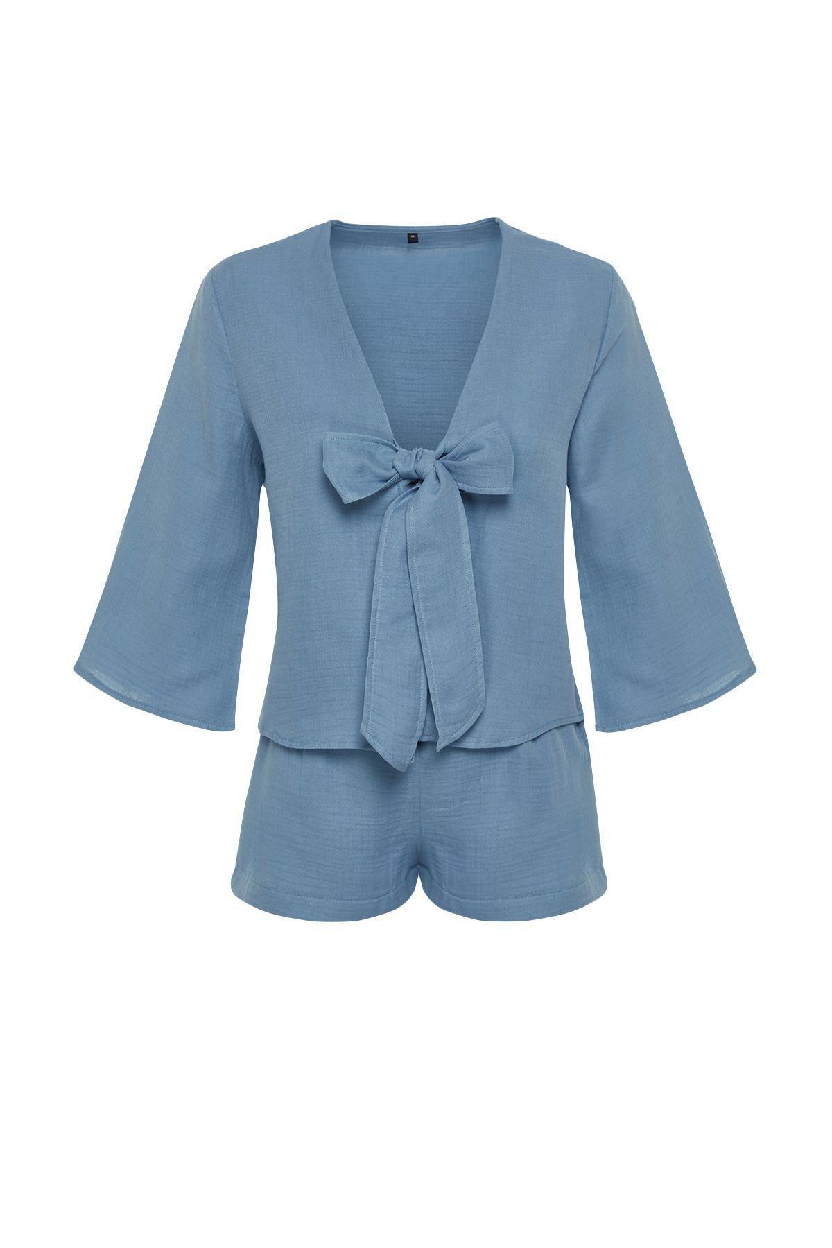 Blue 100% Cotton Tie/Ribbon/Bow Detailed Woven Pajama Set with Muslin Shorts THMSS24PT00077, 2 pcs, , large image number 5