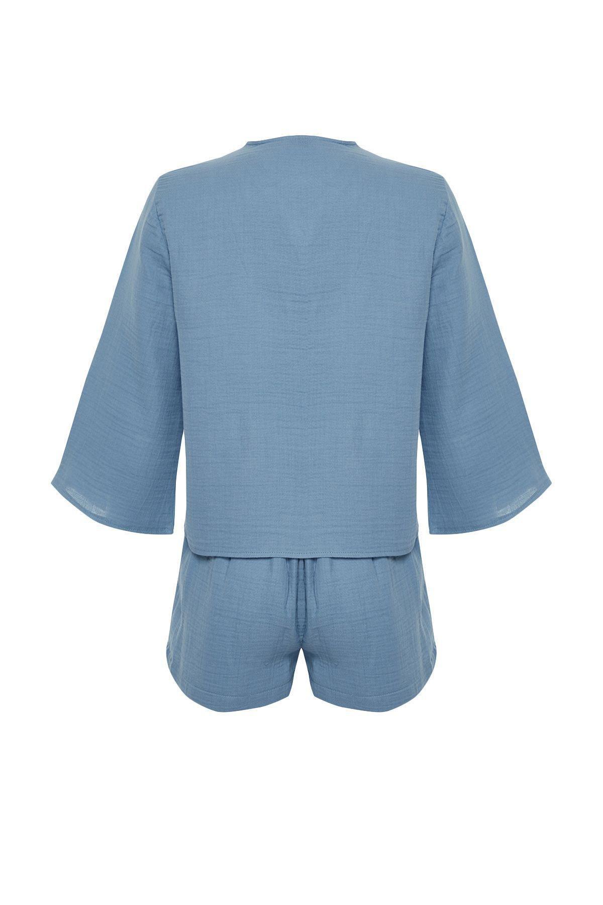 Blue 100% Cotton Tie/Ribbon/Bow Detailed Woven Pajama Set with Muslin Shorts THMSS24PT00077, 2 pcs, , large image number 6
