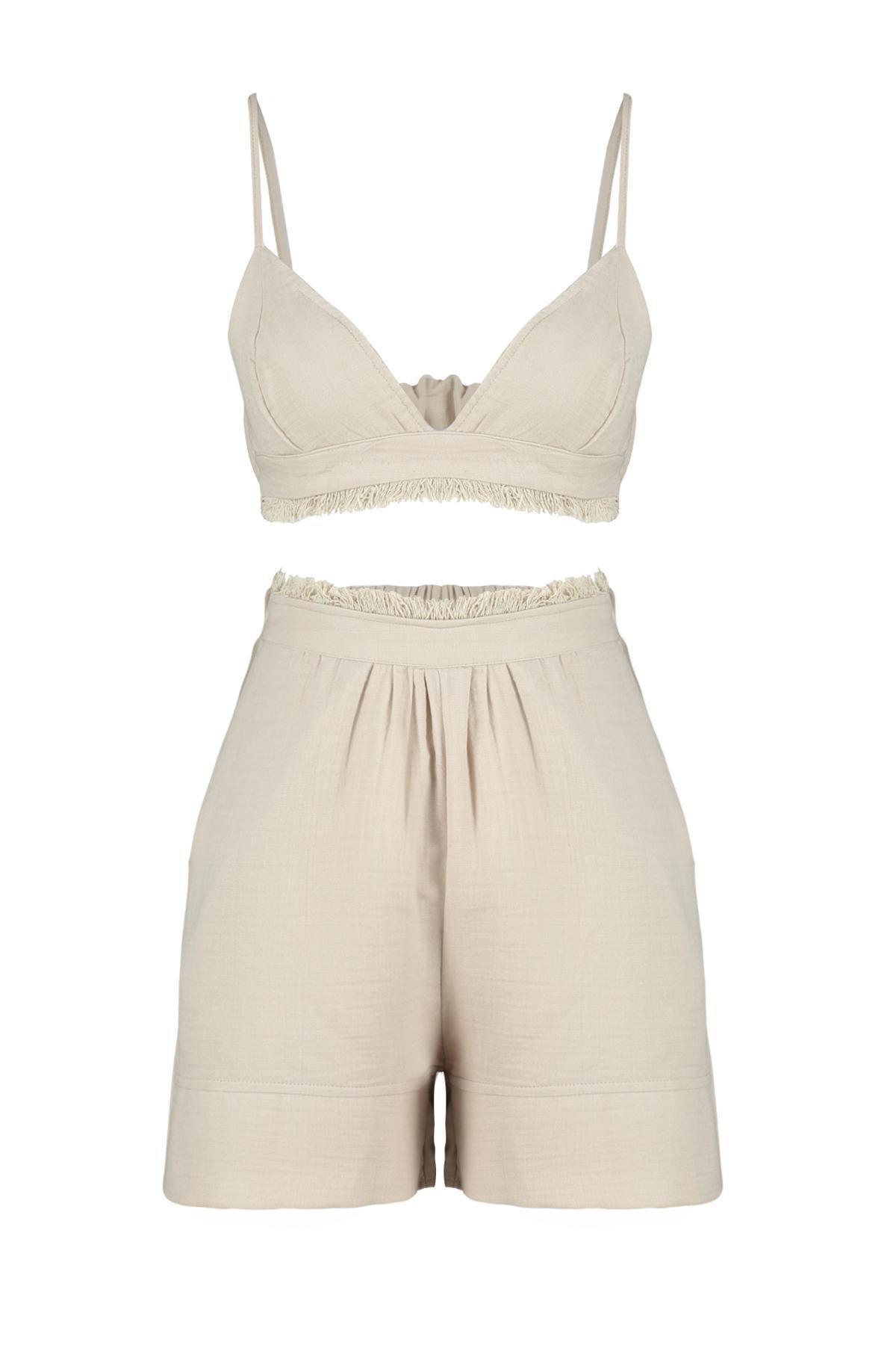 Beige Premium 100% Cotton Ruffle Detailed Muslin Woven Pajamas Set THMSS24PT00076, , large image number 4