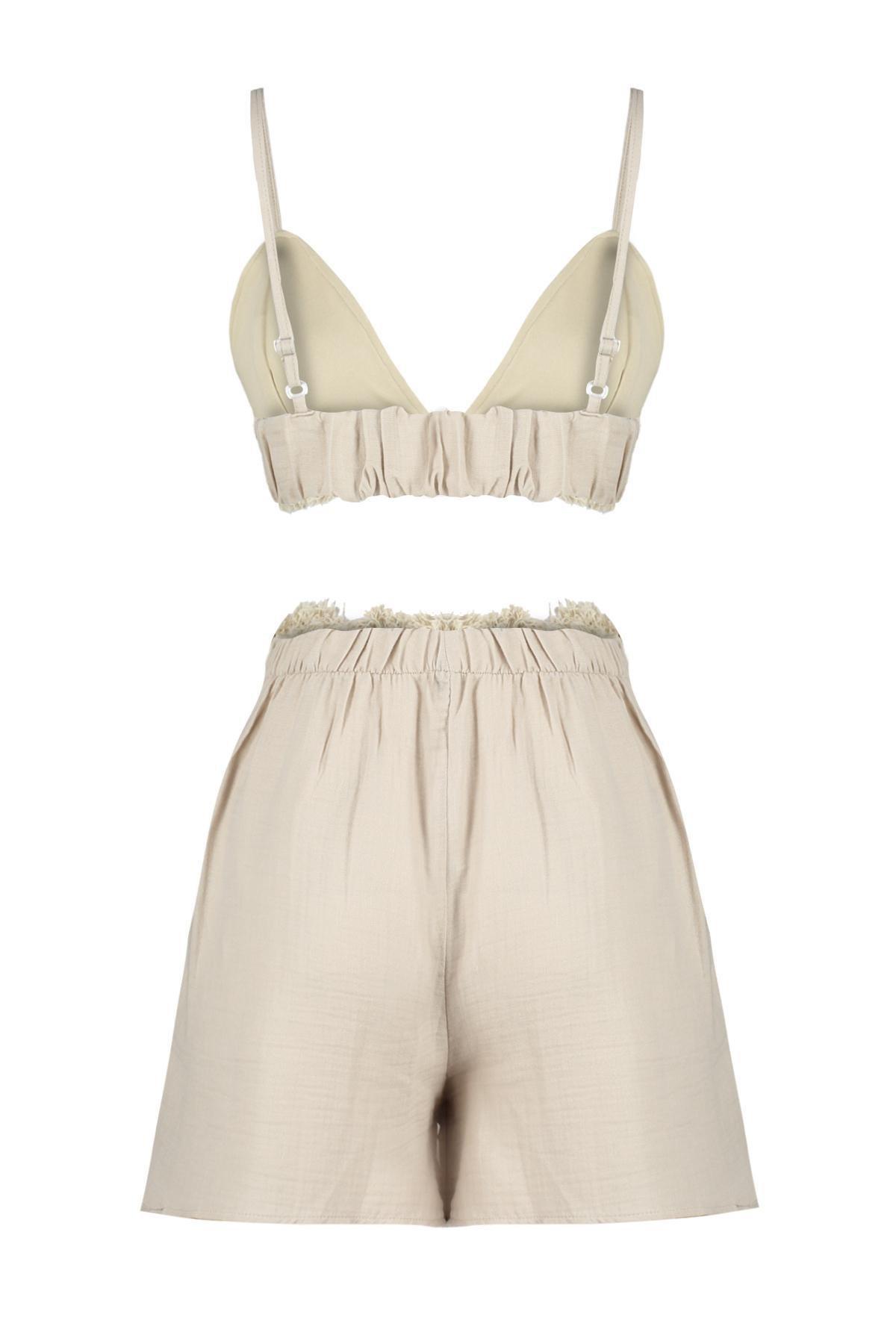 Beige Premium 100% Cotton Ruffle Detailed Muslin Woven Pajamas Set THMSS24PT00076, , large image number 5