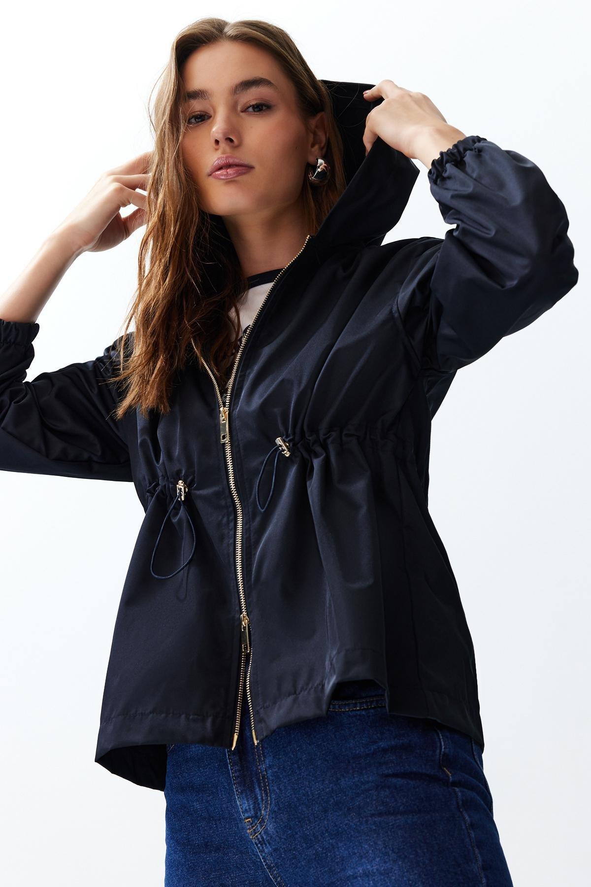 Navy Blue Oversize Mold Zipper Detailed Thin Water Repellent Raincoat Windbreaker Coat TWOSS24MO00035, single, , large image number 0