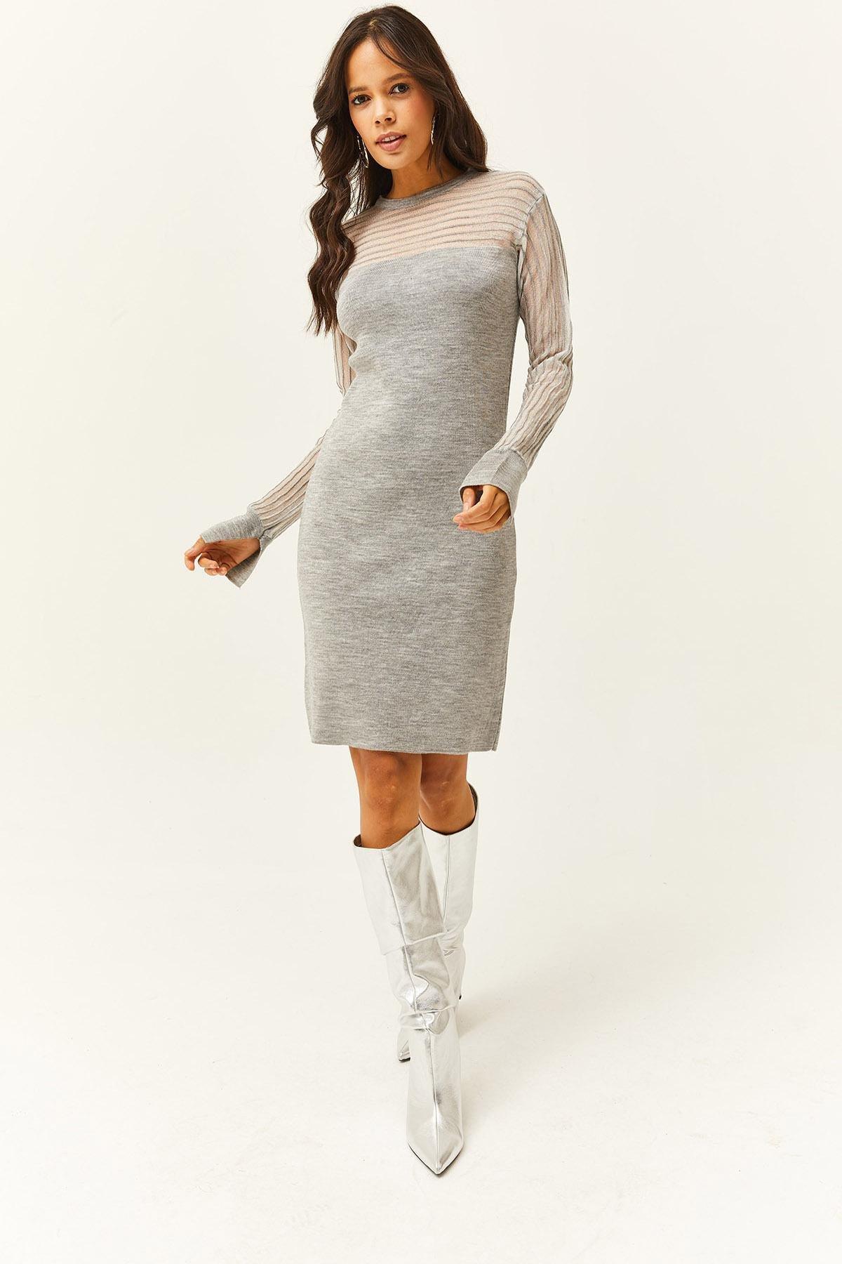 Olalook - Grey Tulle Detailed Mini Knitted Dress