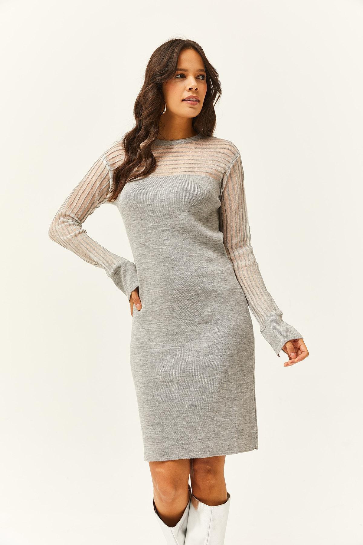 Olalook - Grey Tulle Detailed Mini Knitted Dress