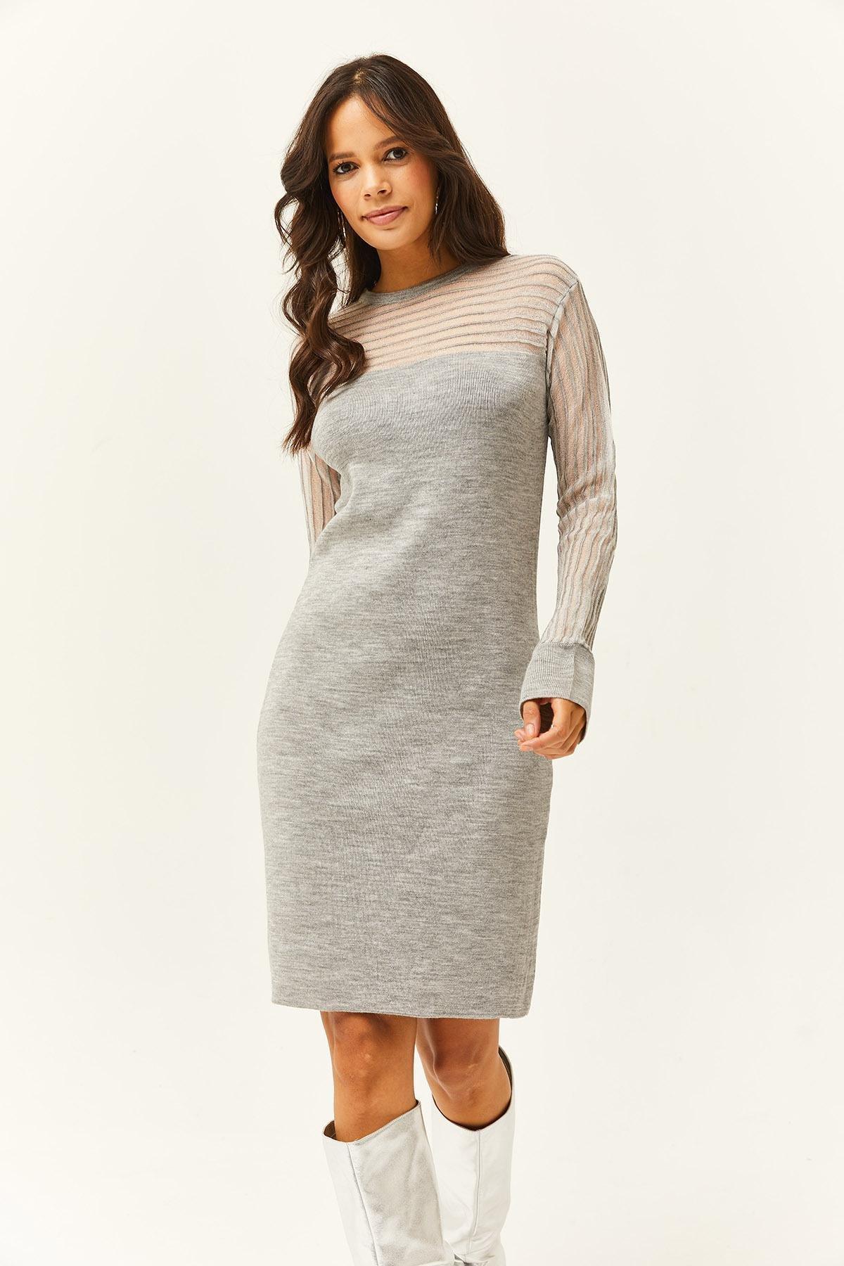 Olalook - Grey Transparent Tulle Mini Knitted Dress