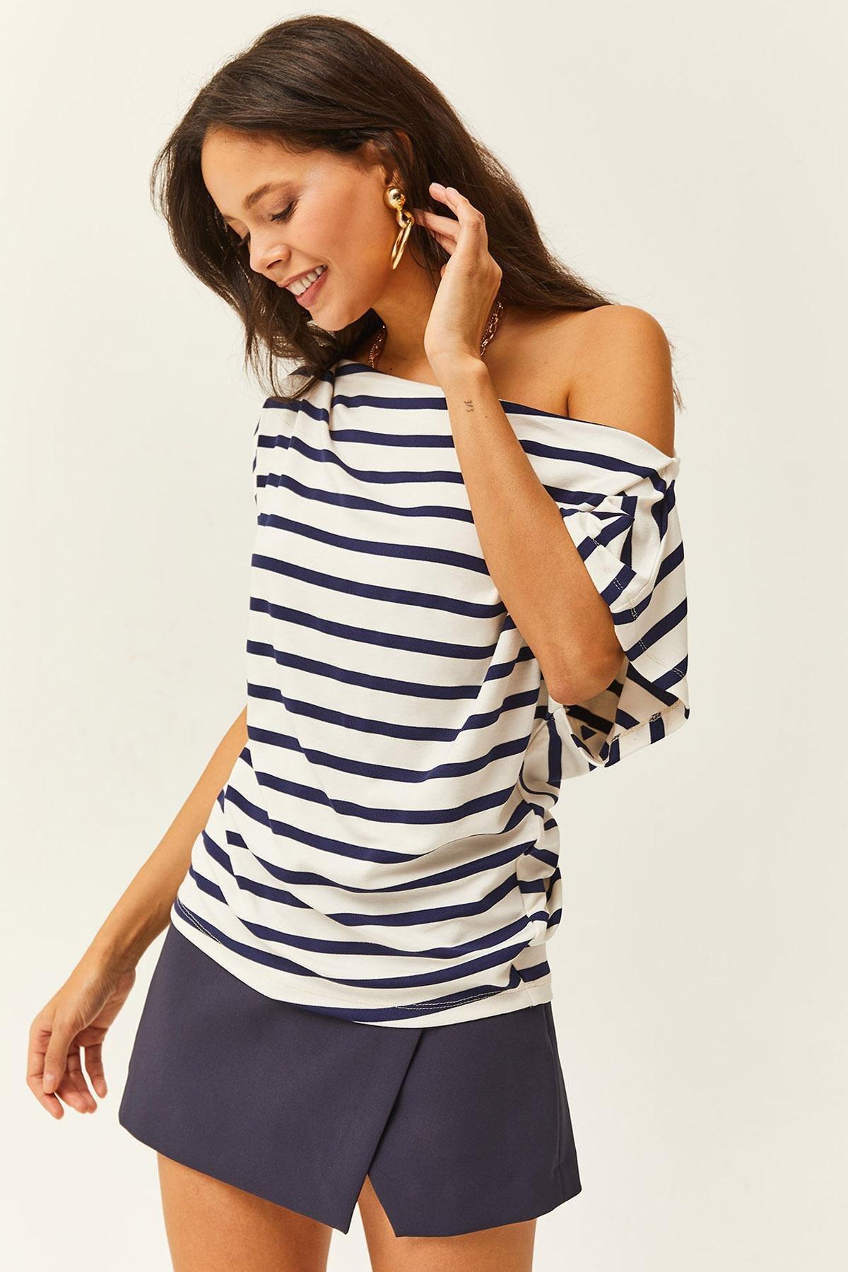 Womens Navy Blue Striped Drunk Collar Premium Soft Touch Flexible Blouse BLZ-19002450, single, , large image number 0