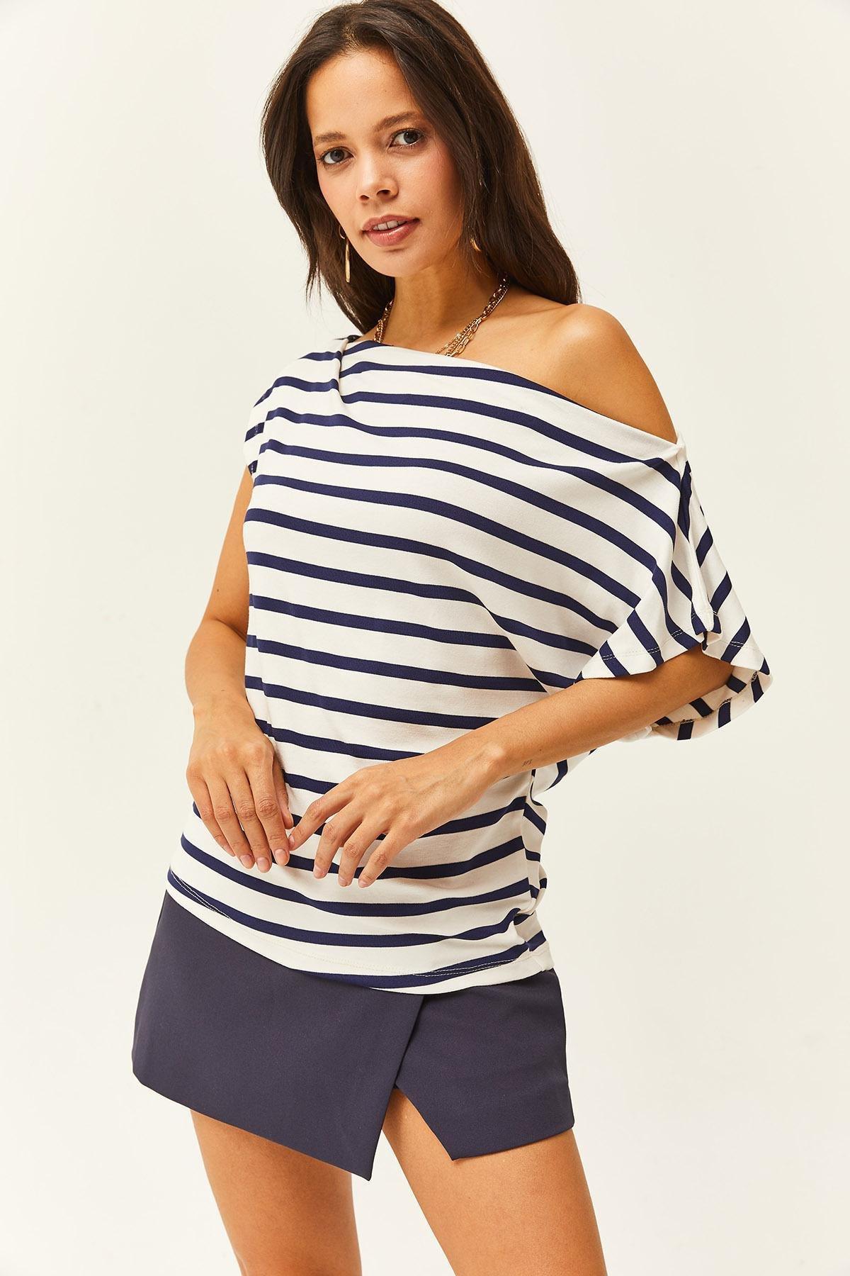 Womens Navy Blue Striped Drunk Collar Premium Soft Touch Flexible Blouse BLZ-19002450, single, , large image number 1