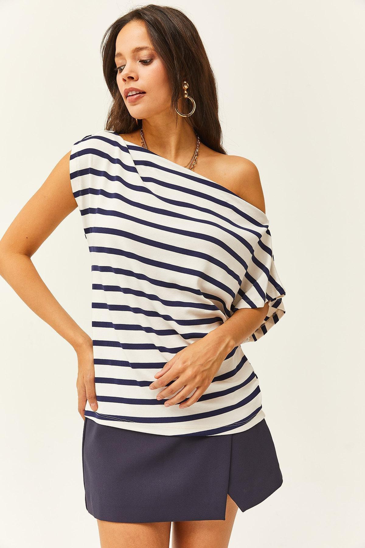 Womens Navy Blue Striped Drunk Collar Premium Soft Touch Flexible Blouse BLZ-19002450, single, , large image number 2