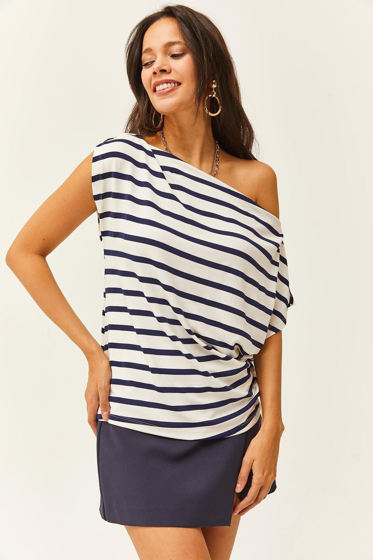 Womens Navy Blue Striped Drunk Collar Premium Soft Touch Flexible Blouse BLZ-19002450, single, , large image number 3