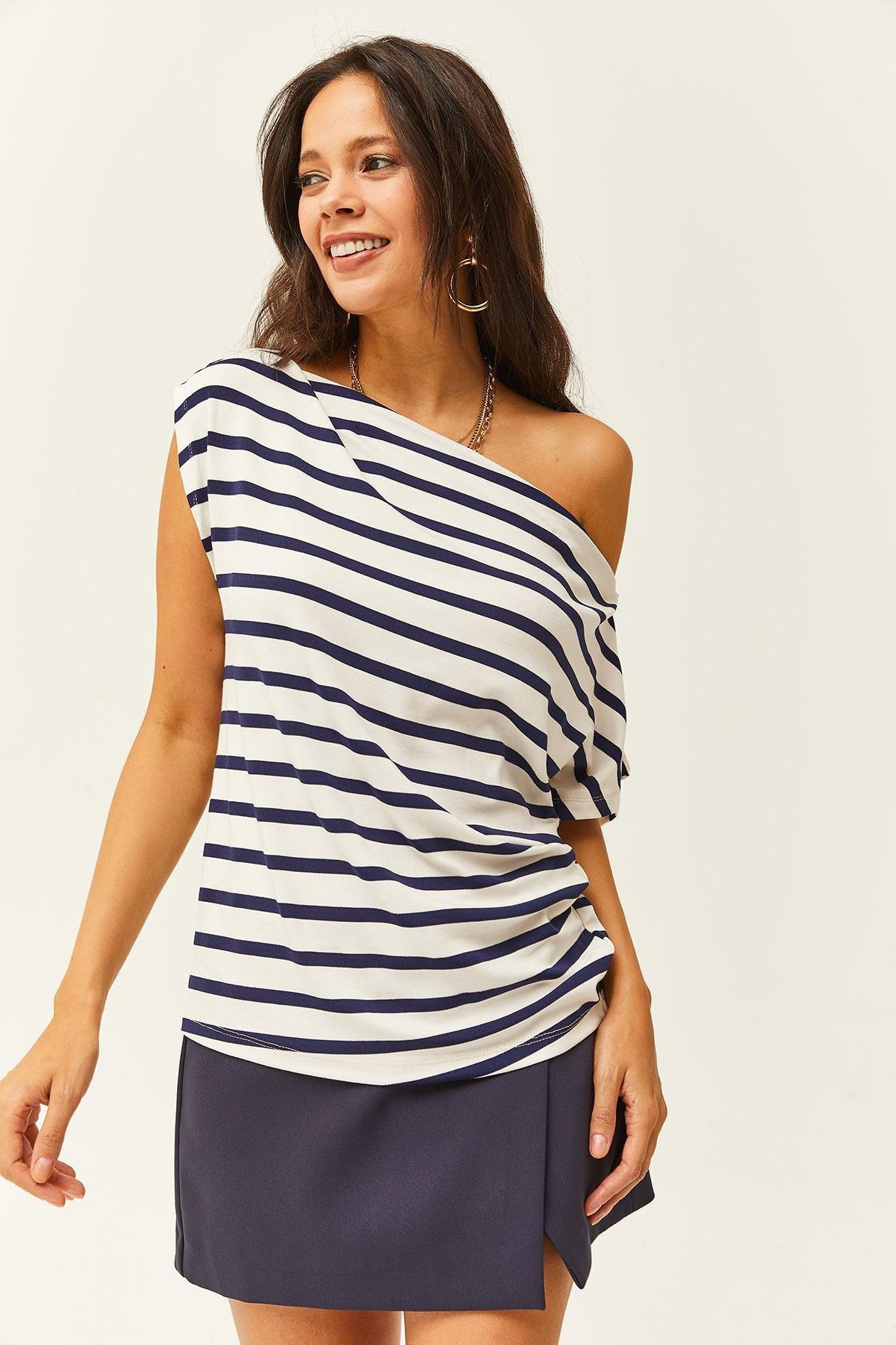 Womens Navy Blue Striped Drunk Collar Premium Soft Touch Flexible Blouse BLZ-19002450, single, , large image number 4