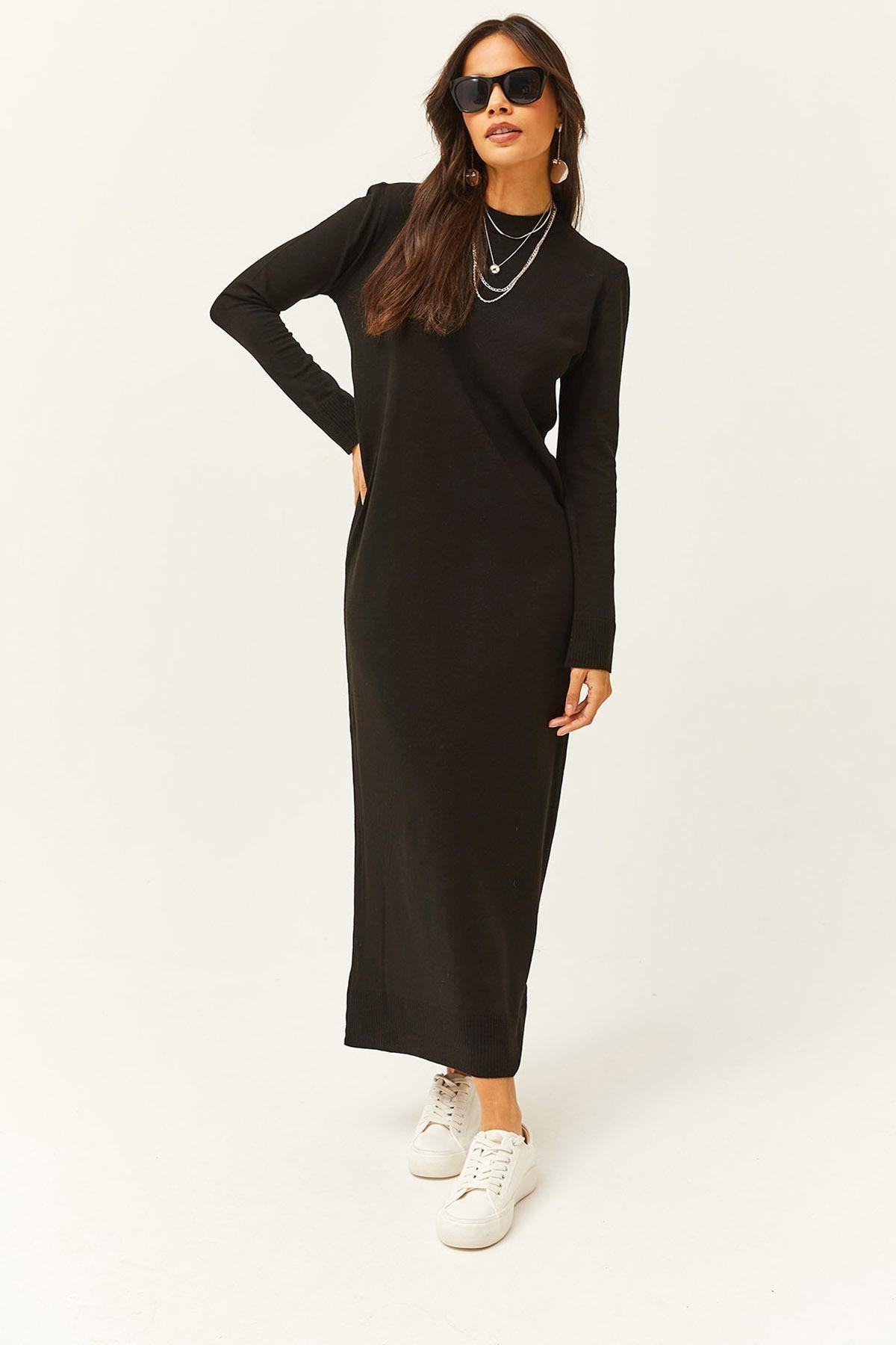 Black Plain Sweater Maxi Dress, BLACK, medium
