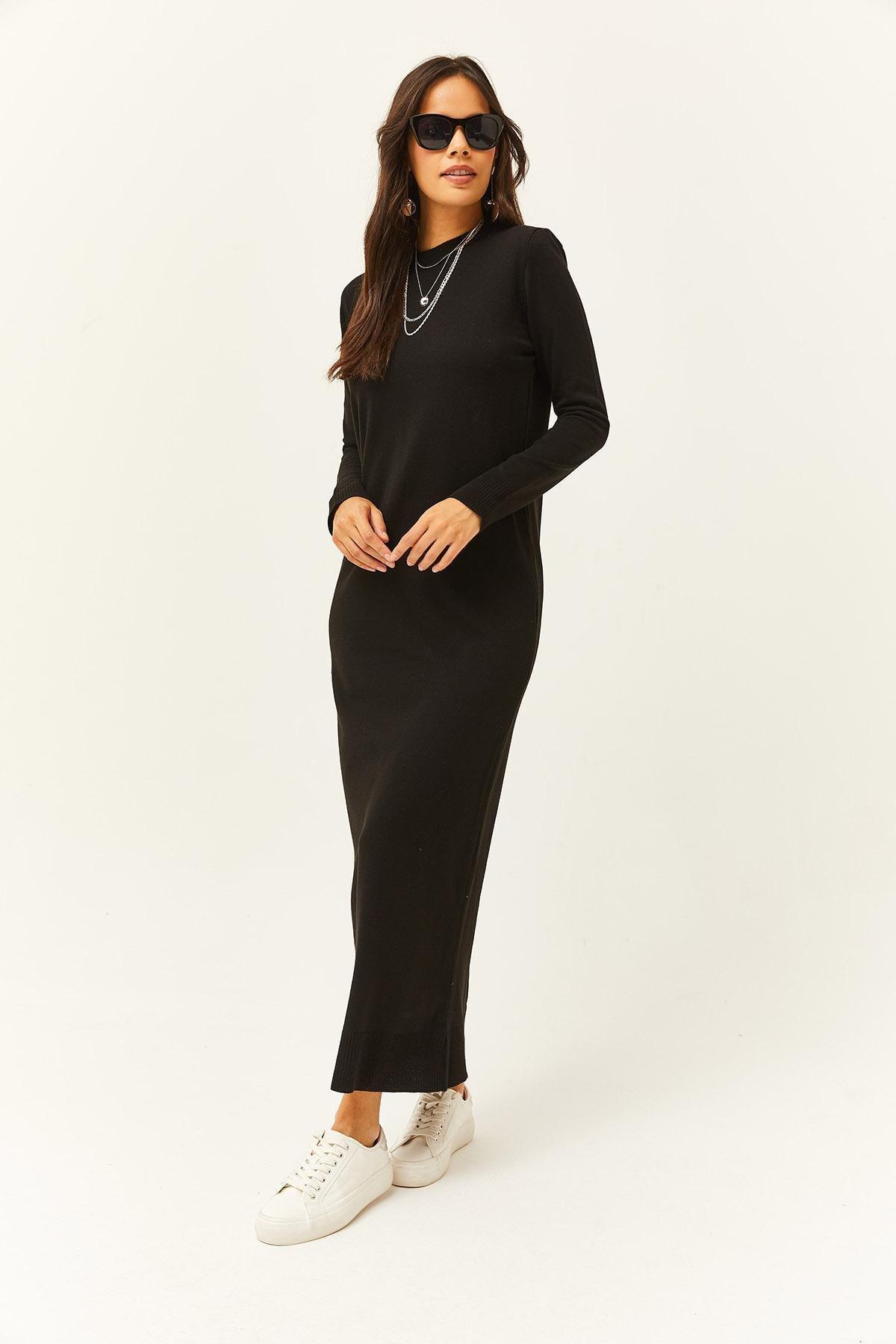 Black Plain Sweater Maxi Dress, BLACK, large image number 1