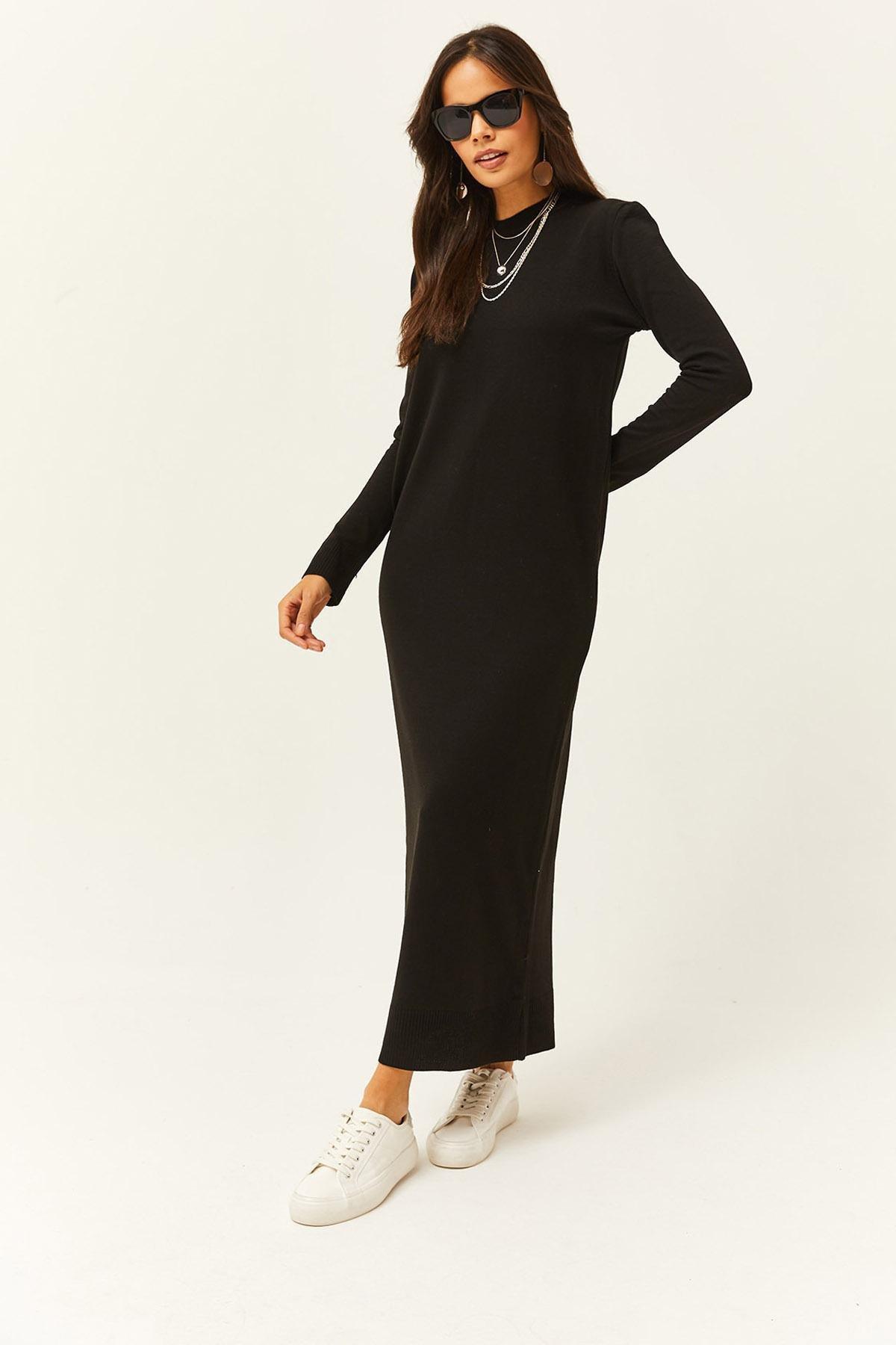 Black Plain Sweater Maxi Dress, BLACK, large image number 2