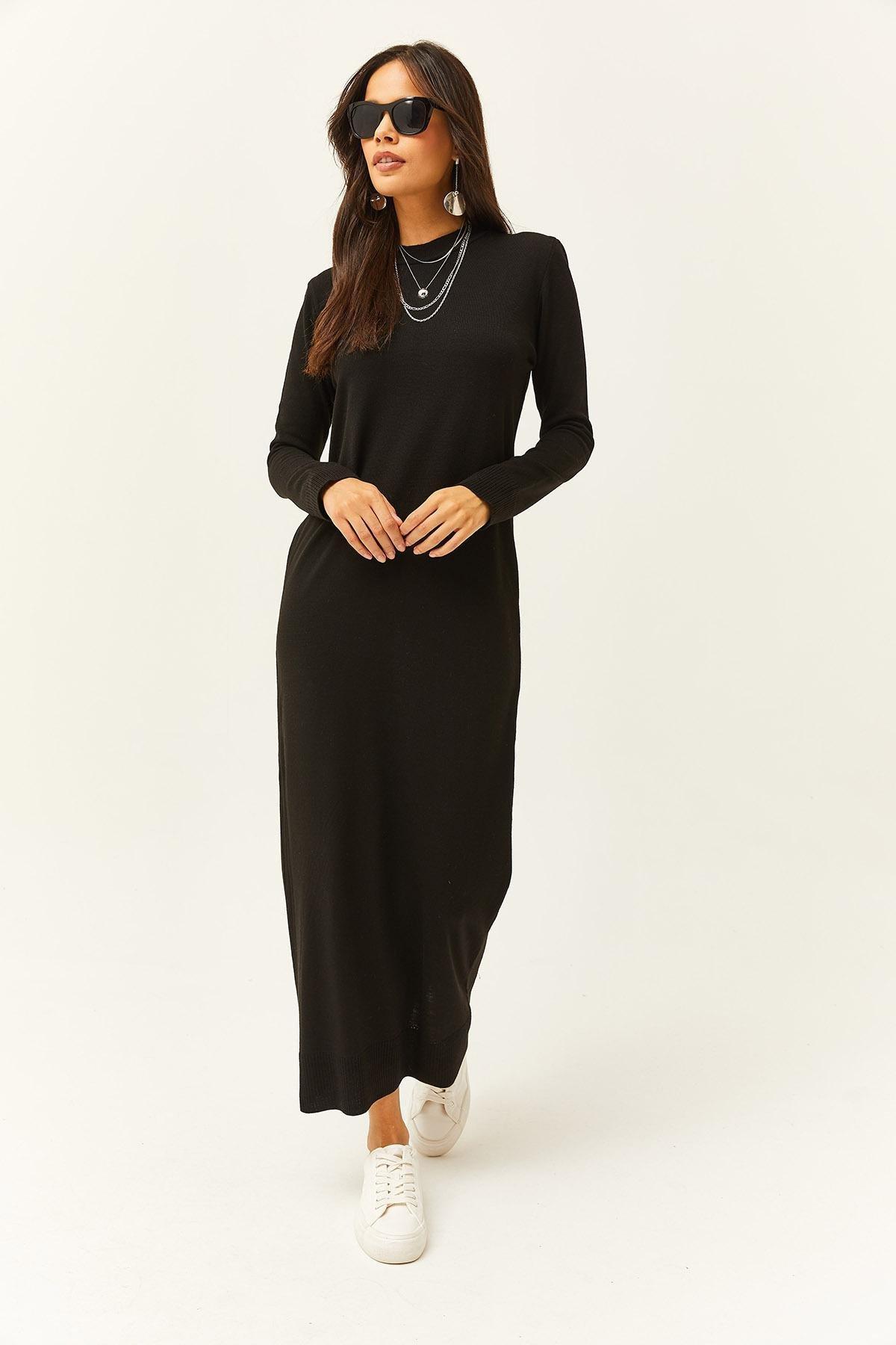 Black Plain Sweater Maxi Dress, BLACK, large image number 3