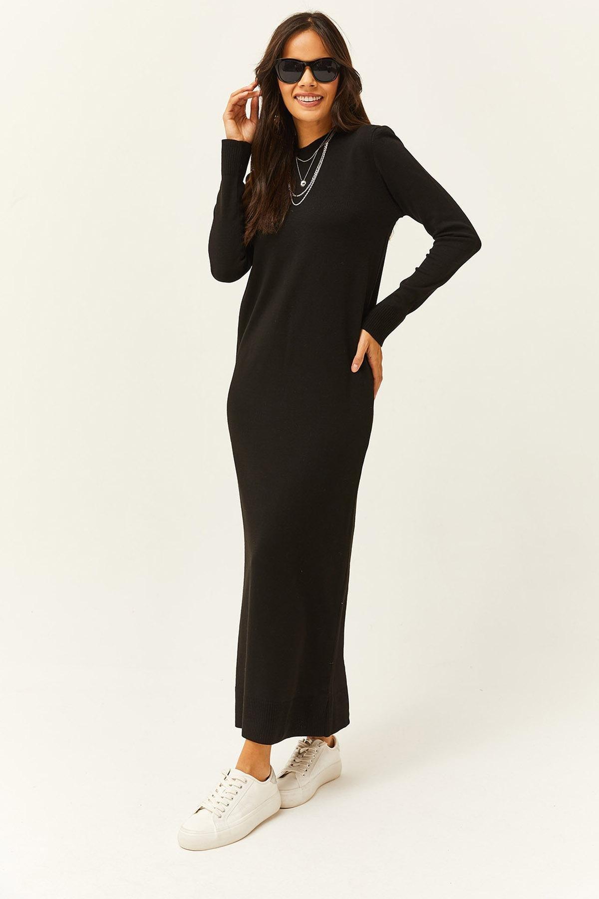 Black Plain Sweater Maxi Dress, BLACK, large image number 4