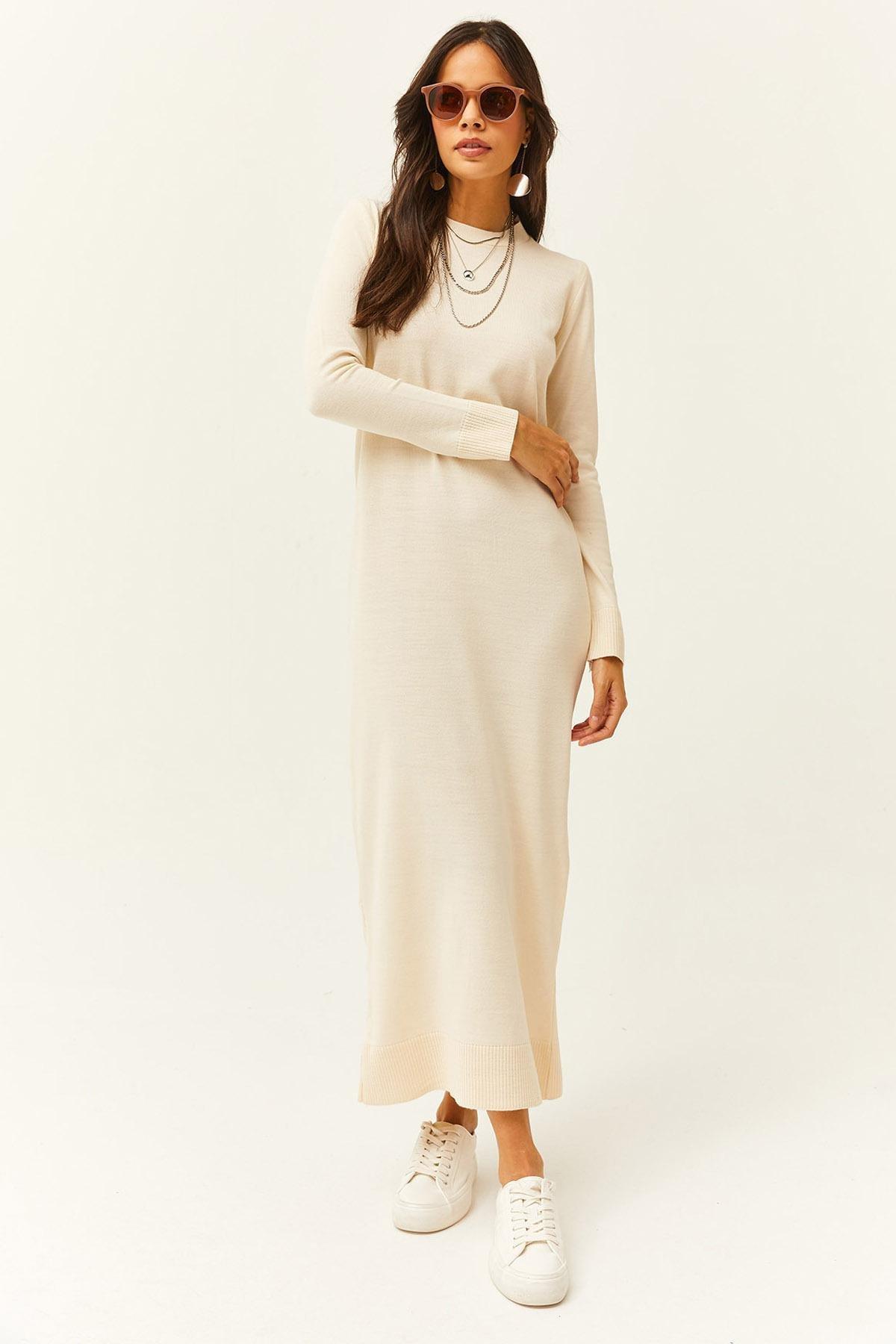 Womens Stone Crew Neck Long Knitwear Dress ELB-19001998, single, STONE, large image number 0