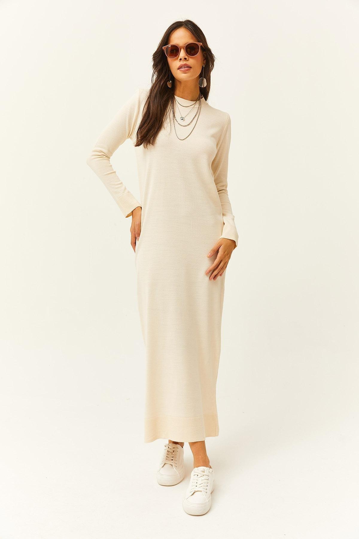Womens Stone Crew Neck Long Knitwear Dress ELB-19001998, single, STONE, large image number 1