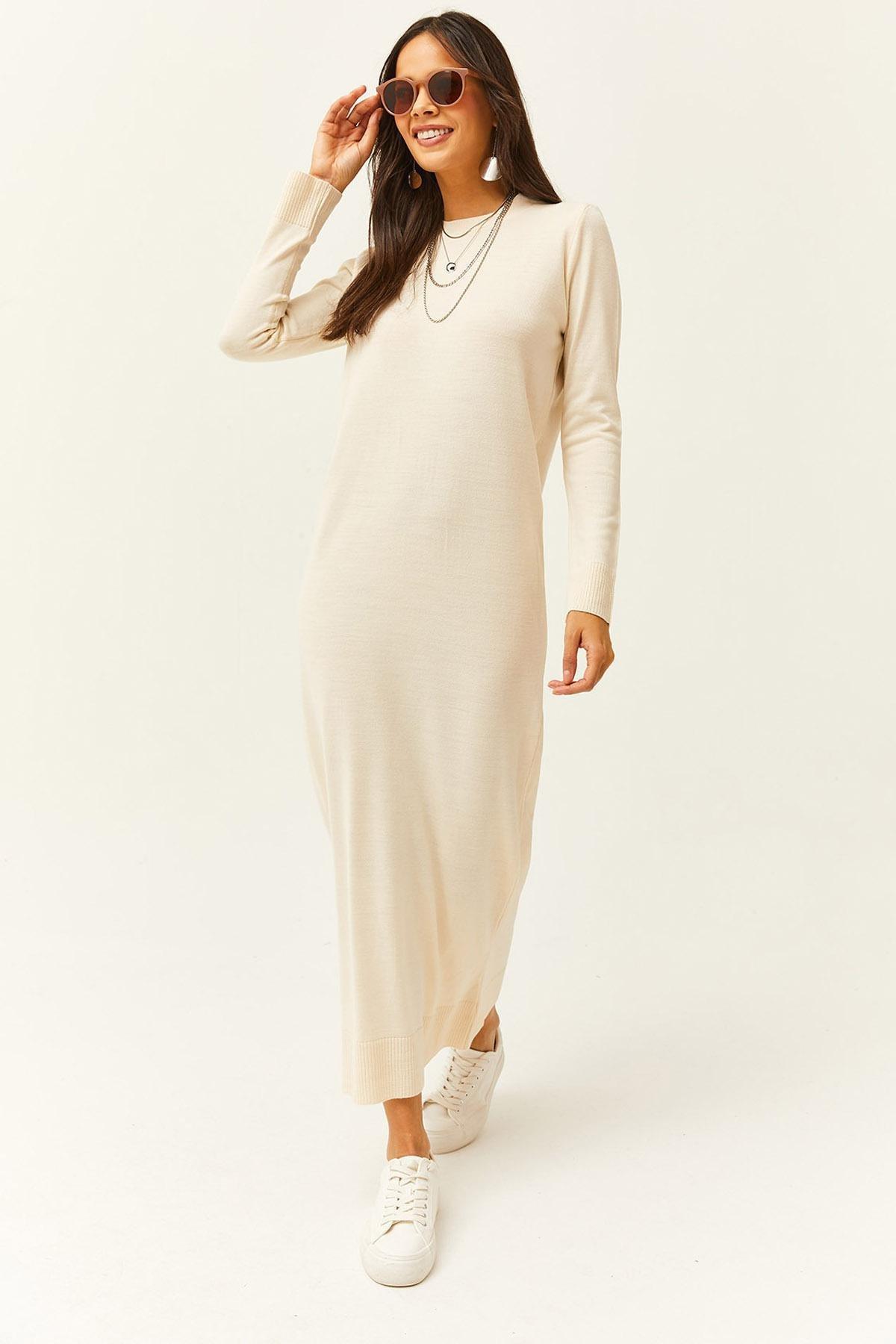Womens Stone Crew Neck Long Knitwear Dress ELB-19001998, single, STONE, large image number 2