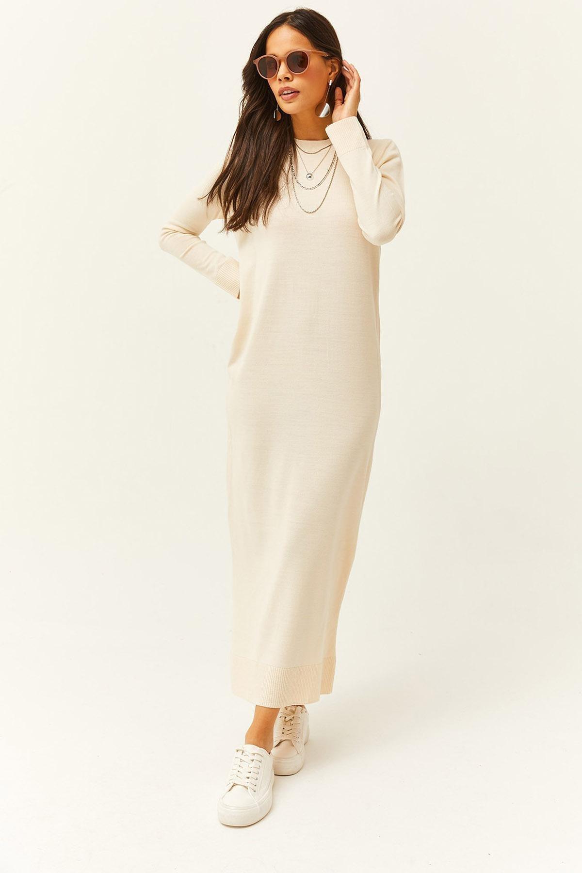 Womens Stone Crew Neck Long Knitwear Dress ELB-19001998, single, STONE, large image number 3