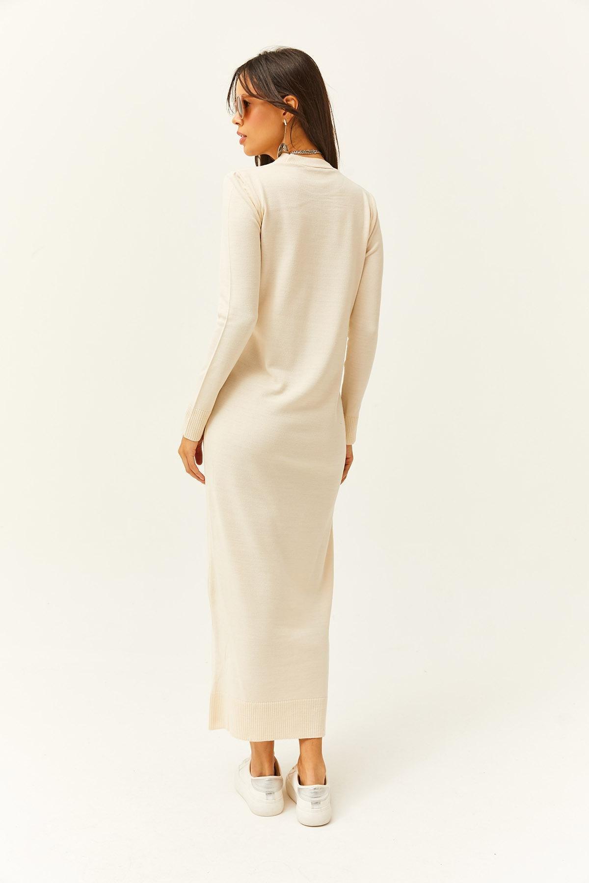 Womens Stone Crew Neck Long Knitwear Dress ELB-19001998, single, STONE, large image number 4